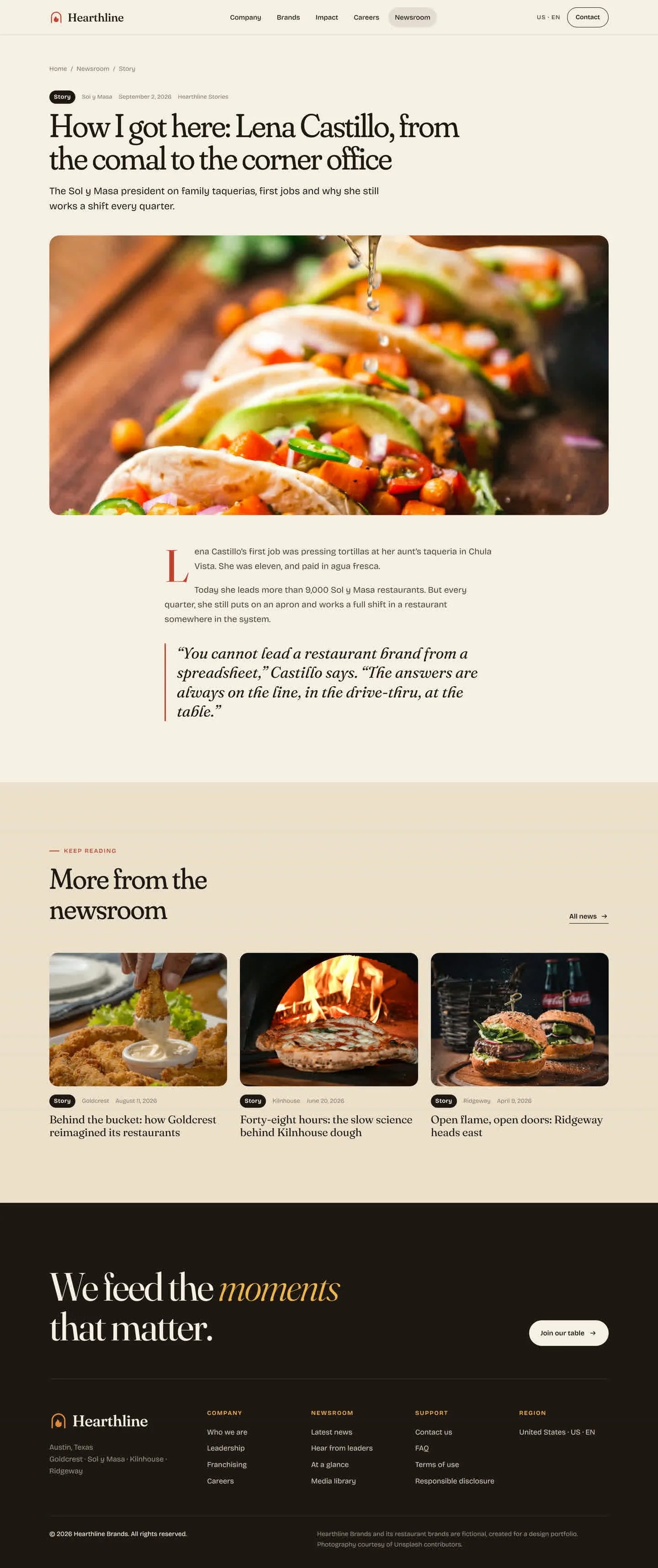 Editorial story template for a restaurant group newsroom