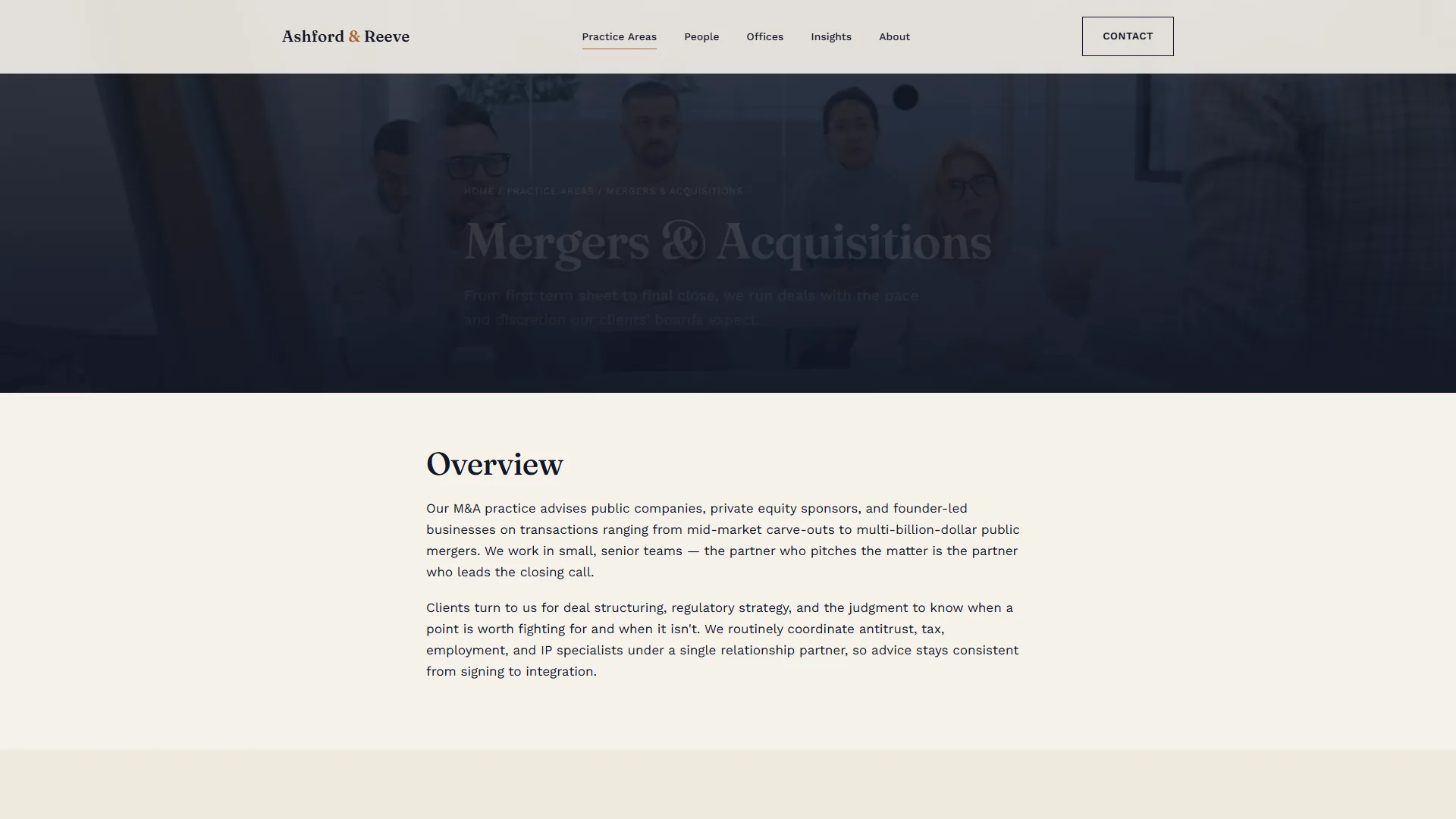 Practice detail page hero and overview for a law firm website
