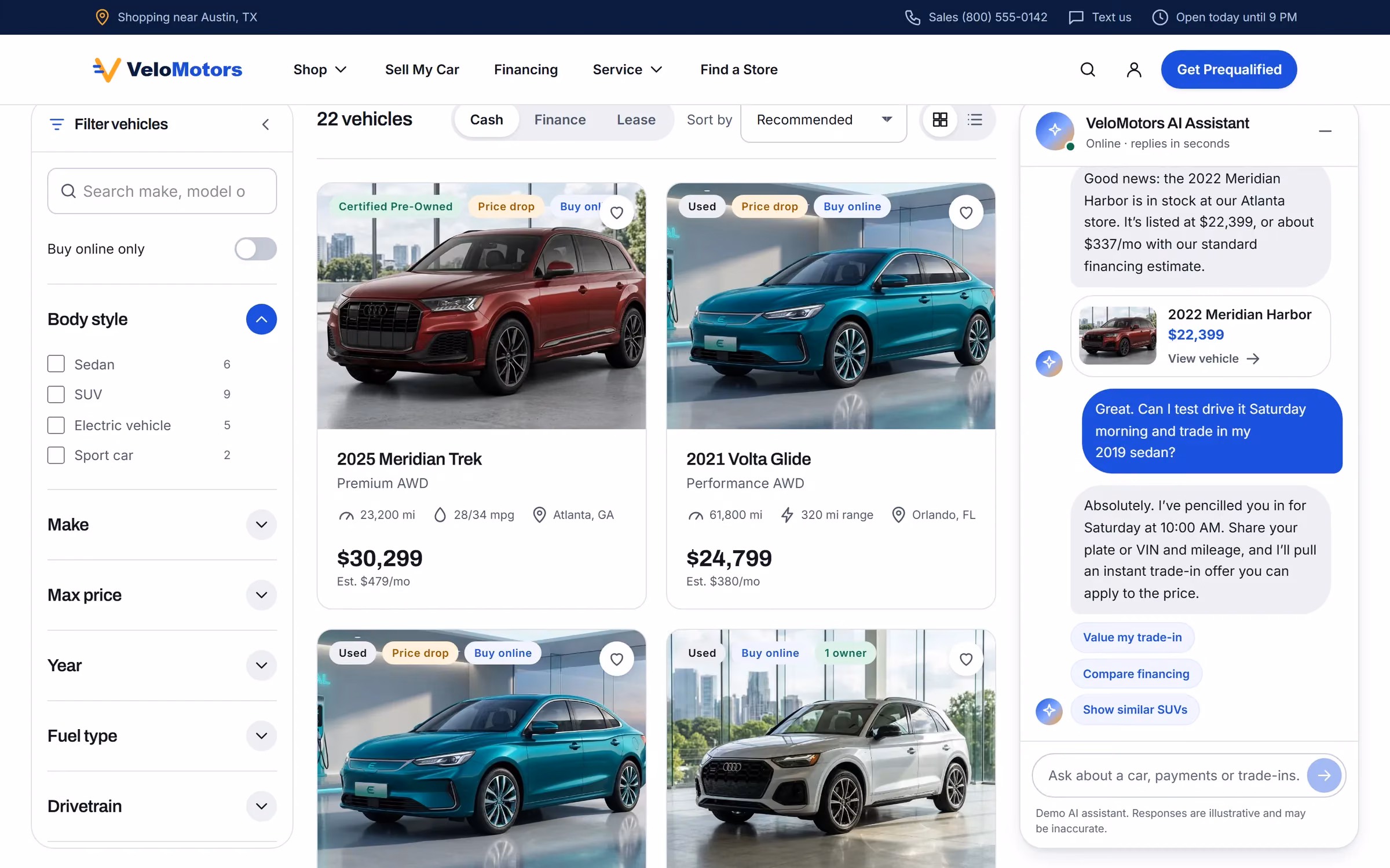Used car inventory page with filter panel, vehicle grid and AI chat panel