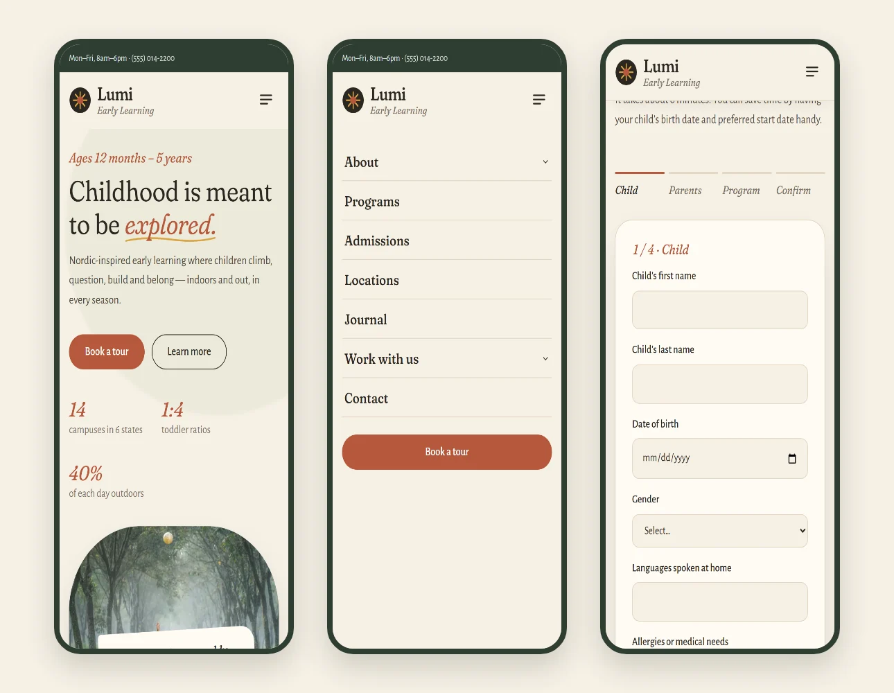 Mobile-first preschool website screens: home hero, open menu and application step one