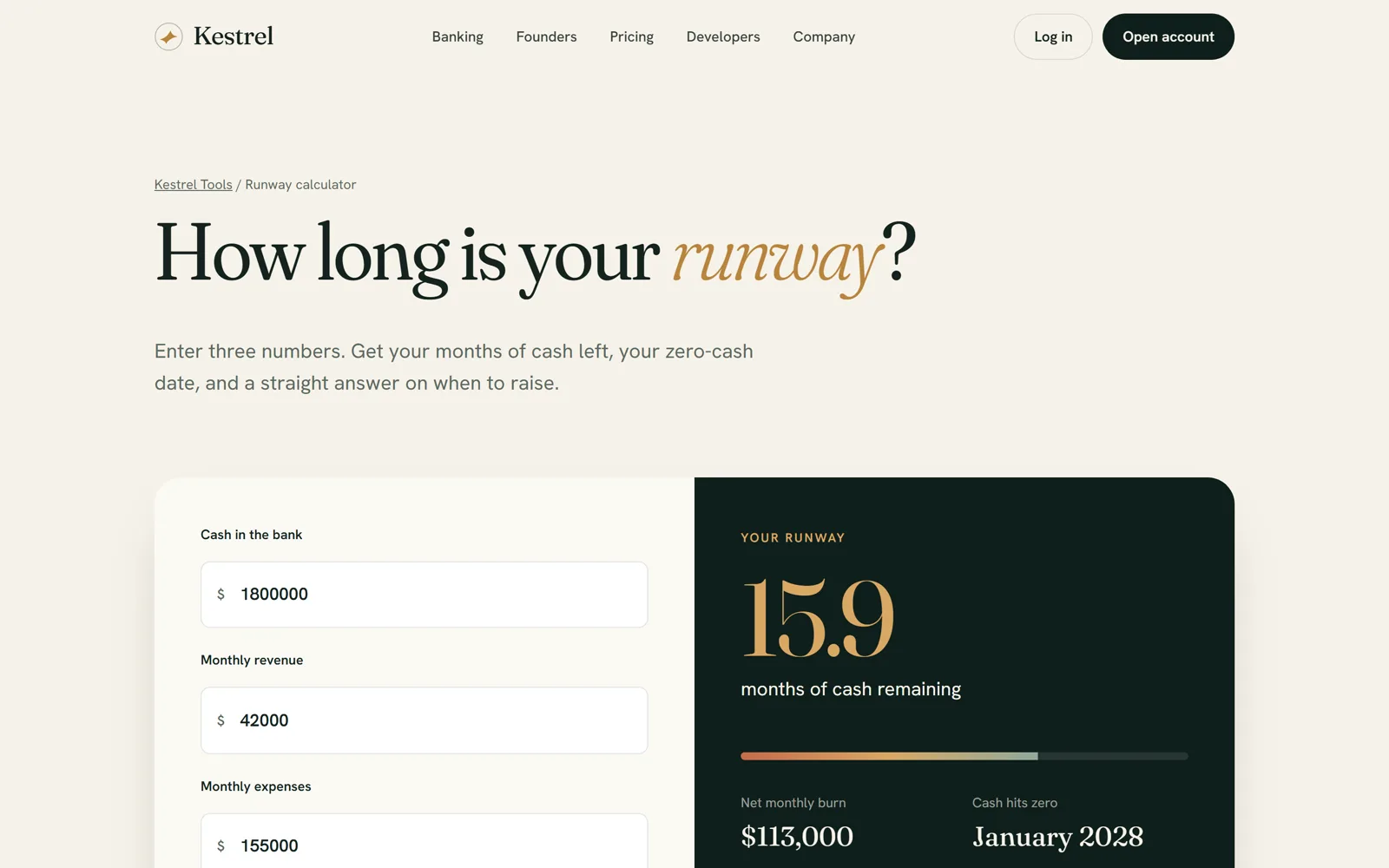 Interactive startup runway calculator UI showing months of cash remaining