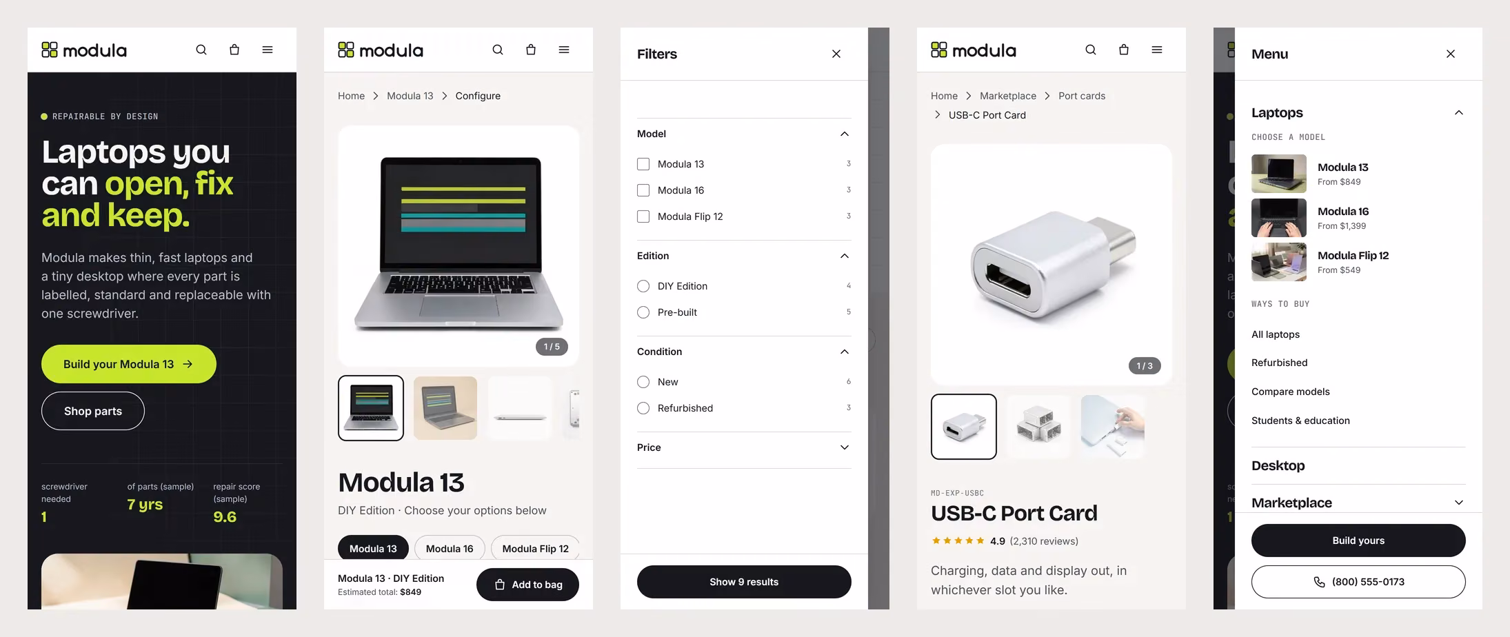 Phone screens of the Modula home, configurator and filters drawer