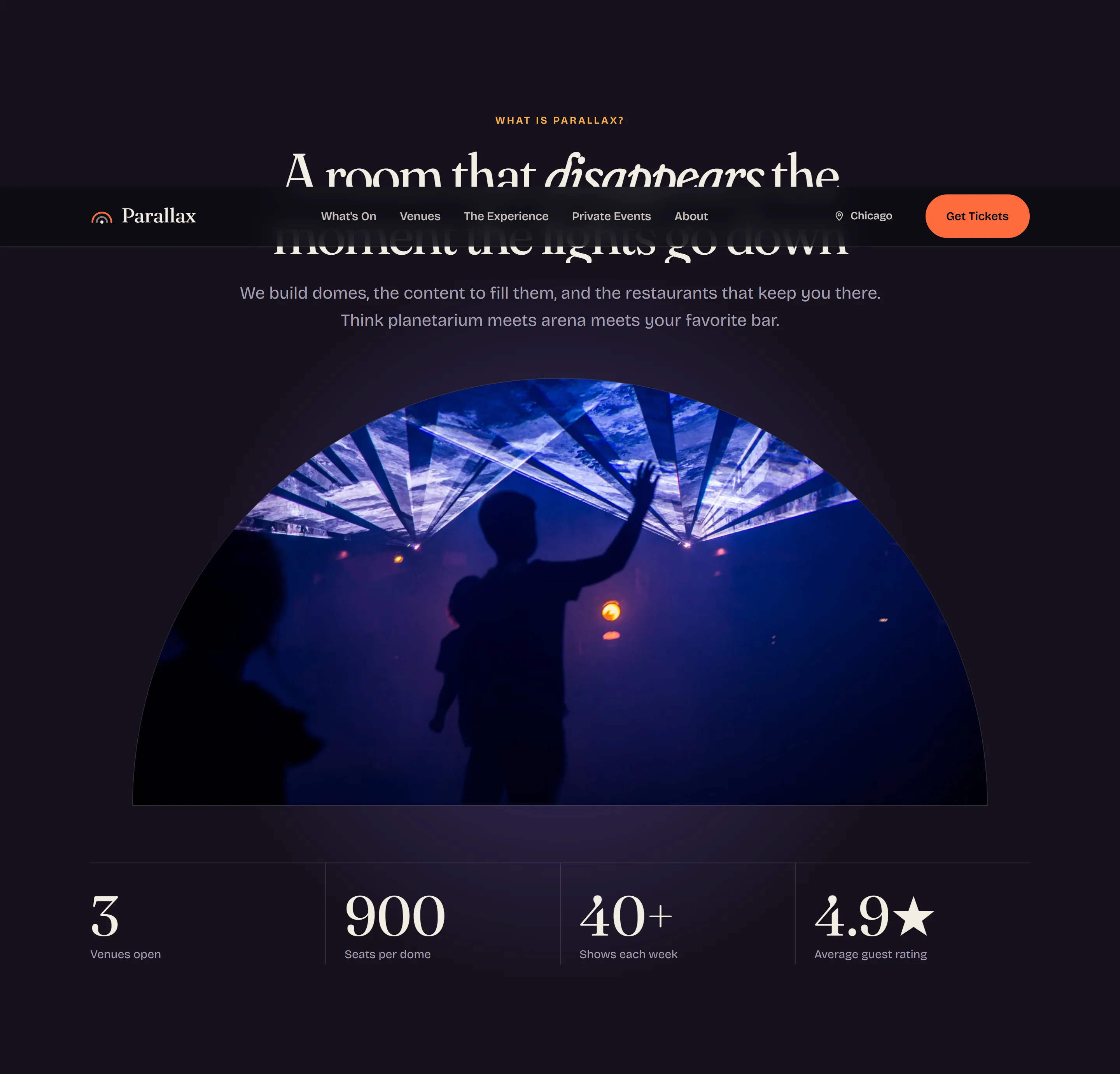 Dome-shaped showcase section with venue stats