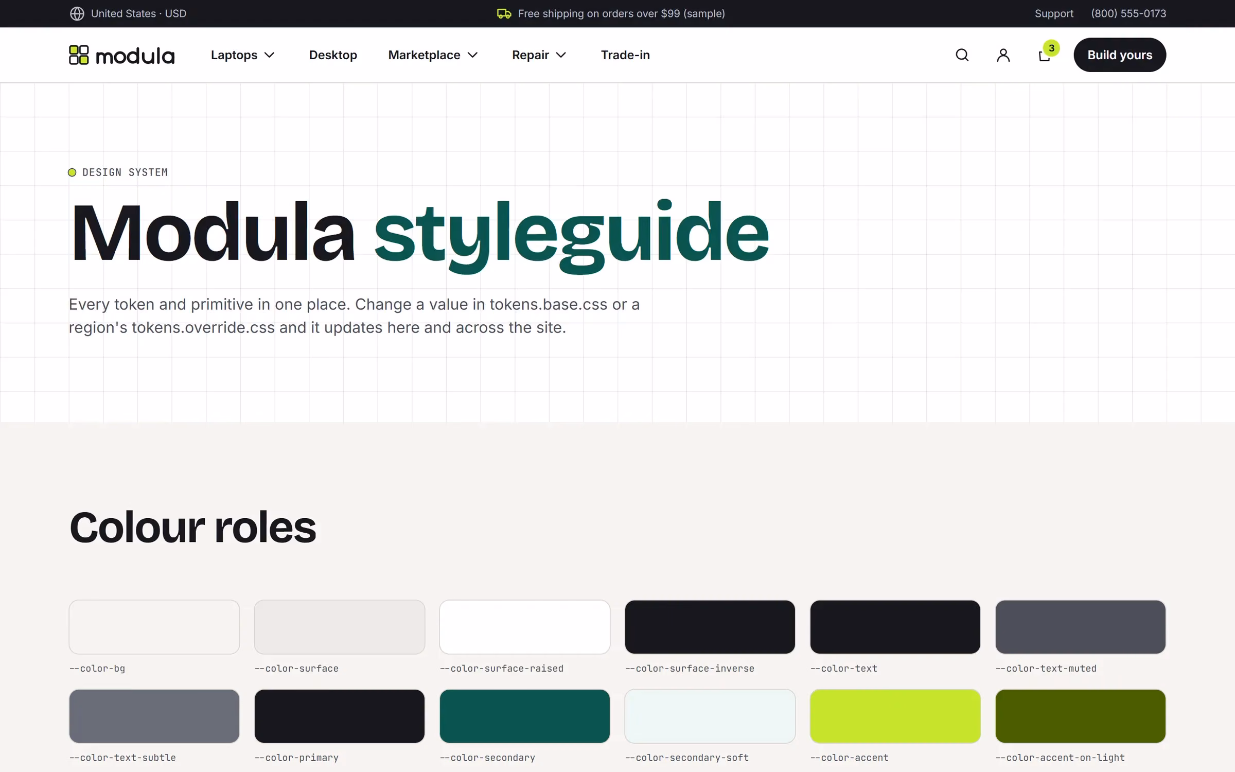 Styleguide page with colour tokens, type scale, buttons and form components
