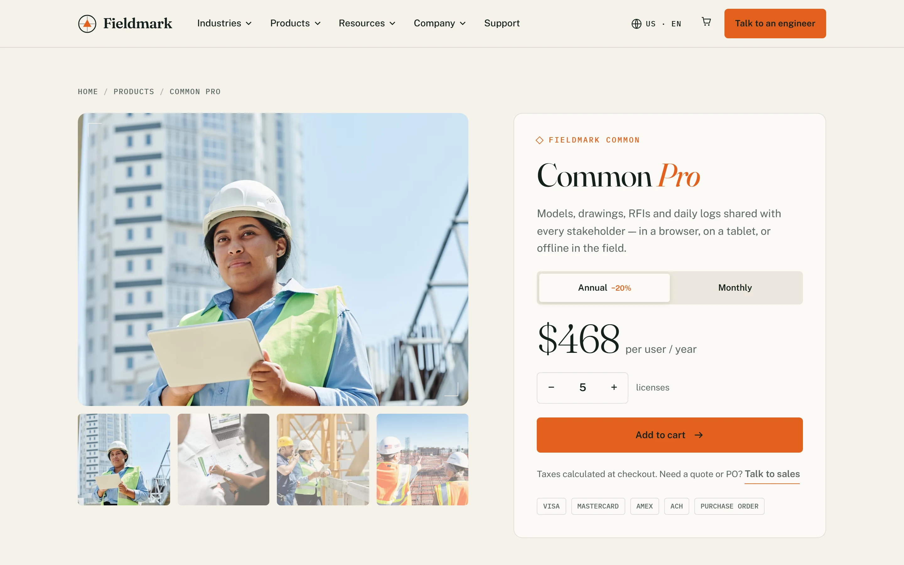 Construction management platform pricing and checkout page