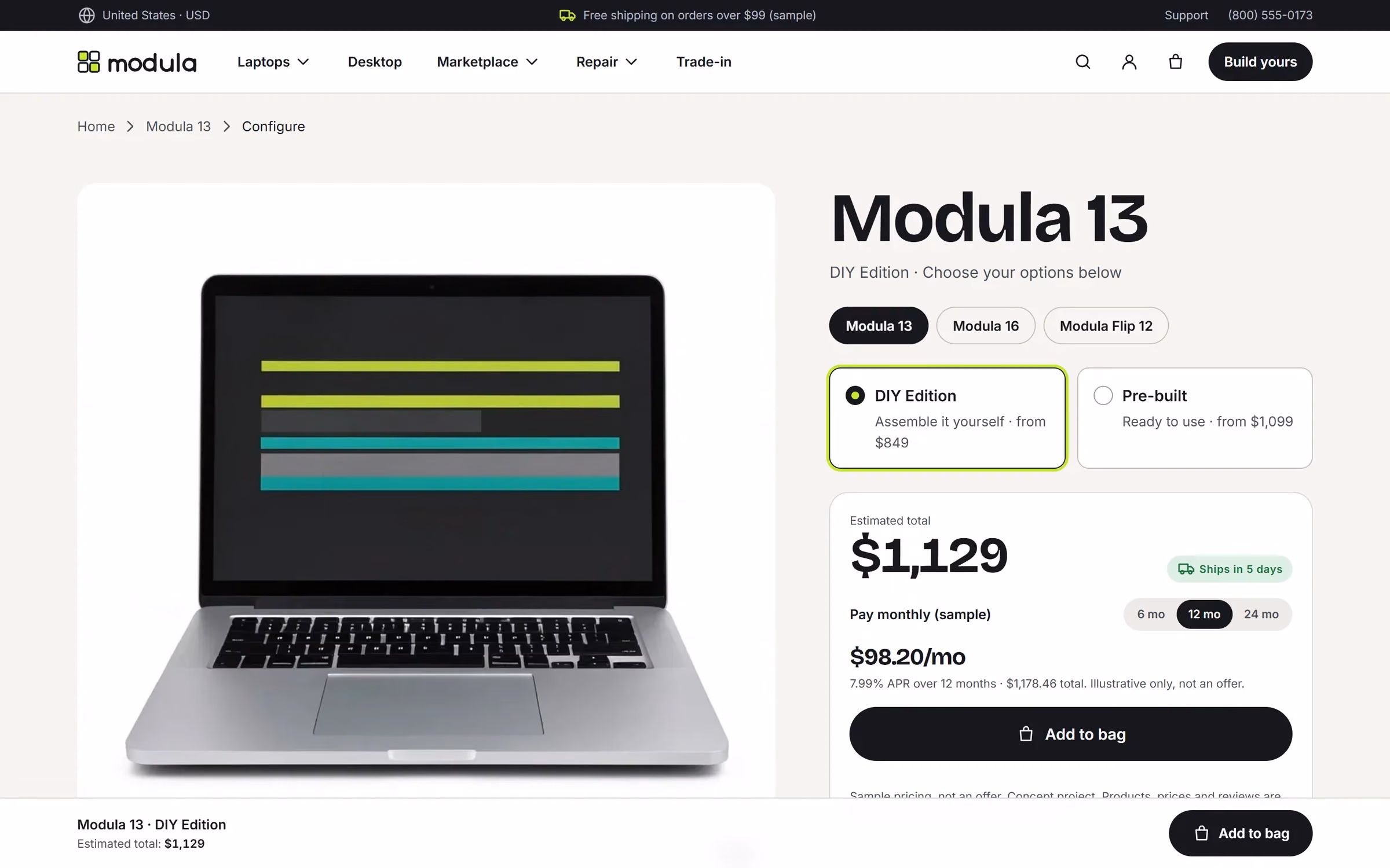 Laptop configurator with edition choice, live estimated total and monthly payment options