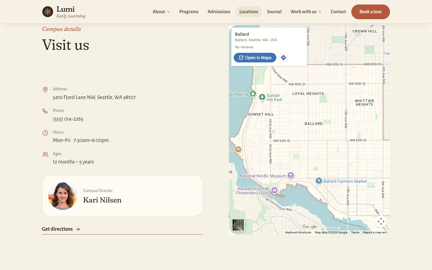 Early learning center location page with map and campus director