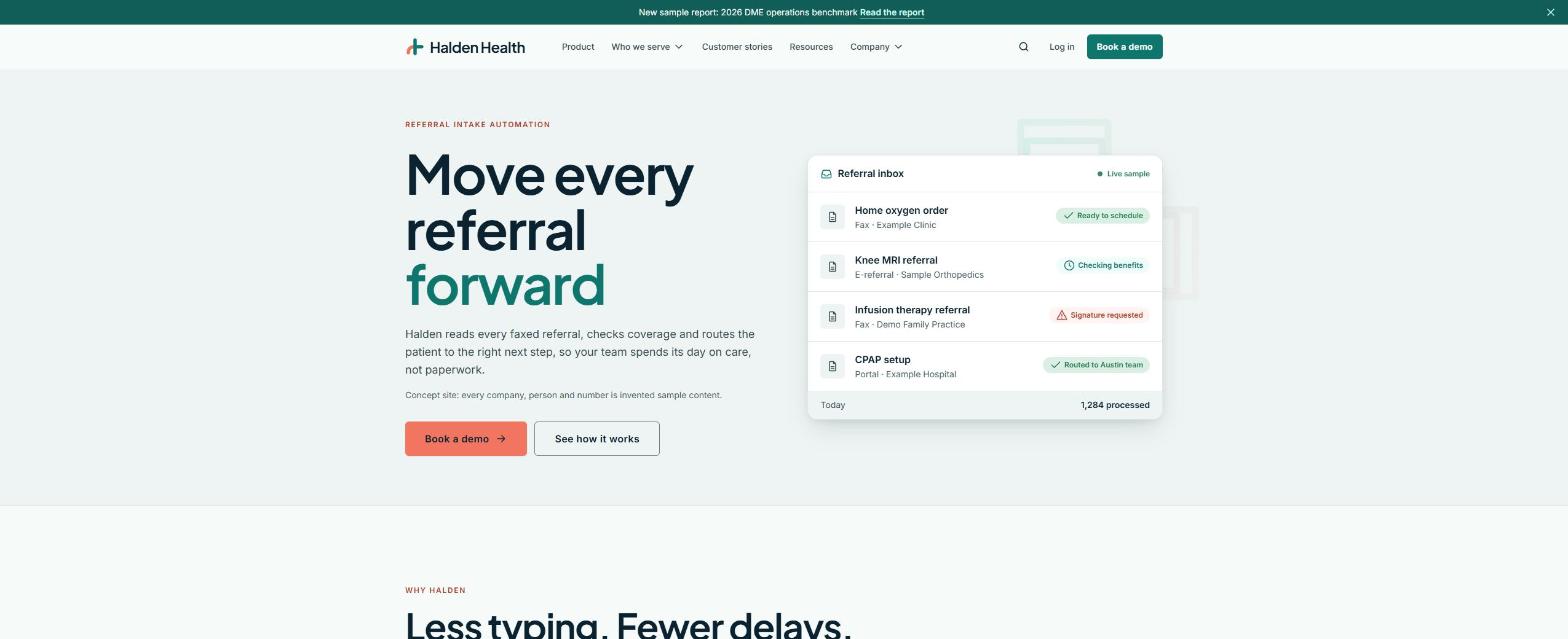 Halden Health homepage hero, in teal and coral