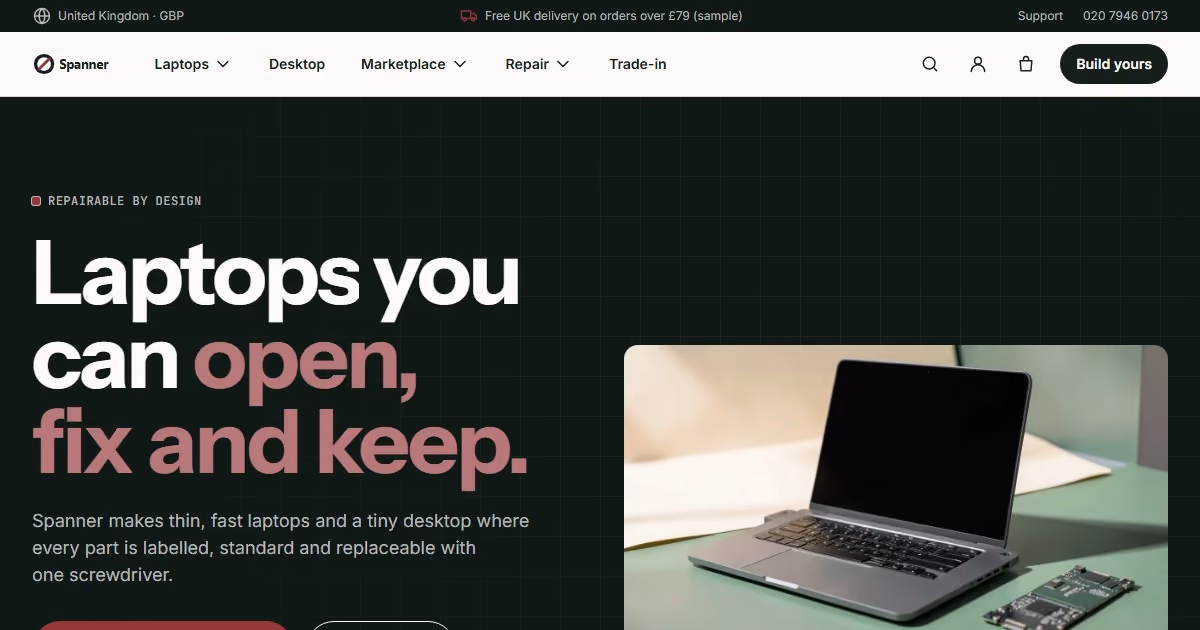 Spanner UK — electronics website design for a modular laptop brand