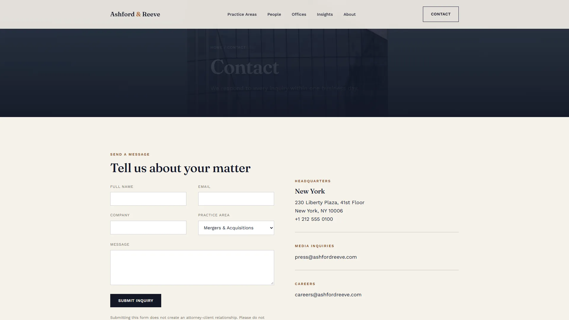 Law firm contact form beside office details