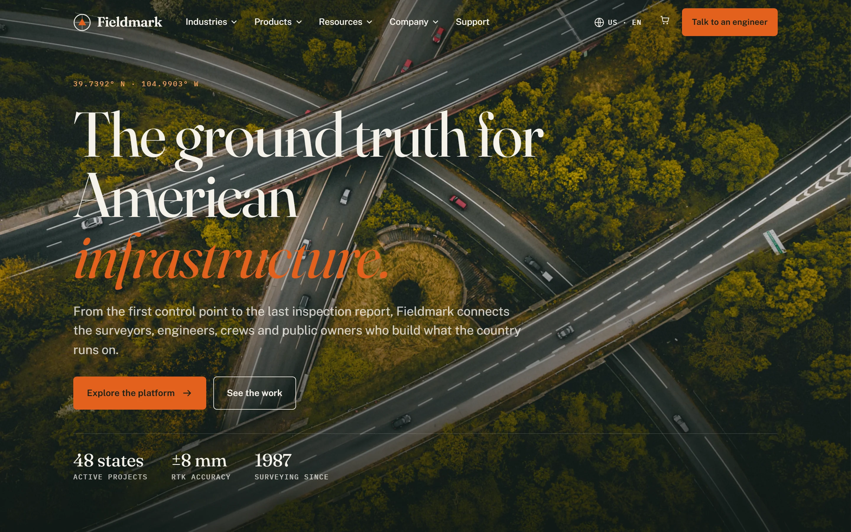 Fieldmark homepage hero on desktop, a highway interchange under the headline