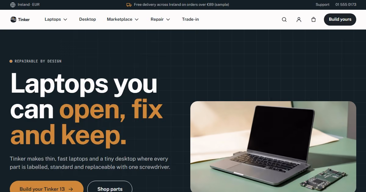 Tinker Ireland - electronics website design for a modular laptop brand