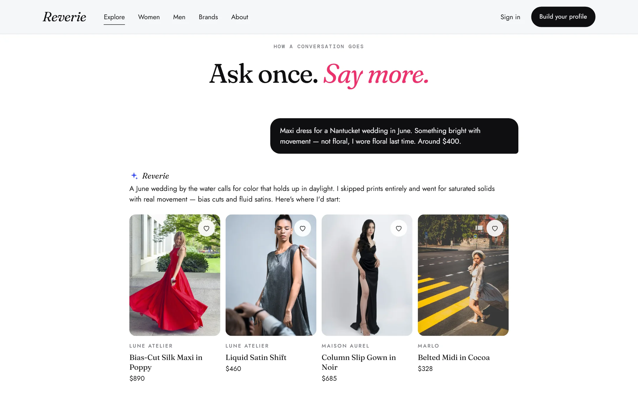 AI outfit suggestions shown as an editorial chat conversation