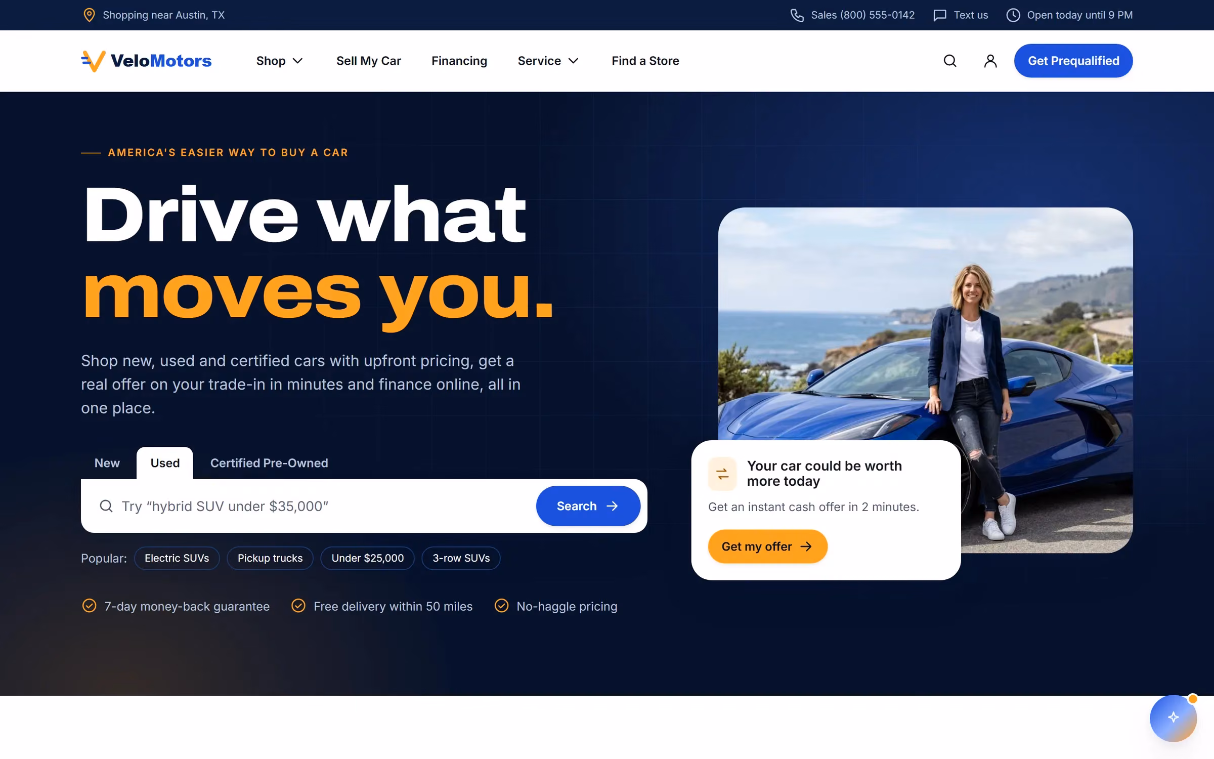 Car dealership website design for VeloMotors: homepage hero with used car search and trade-in offer card