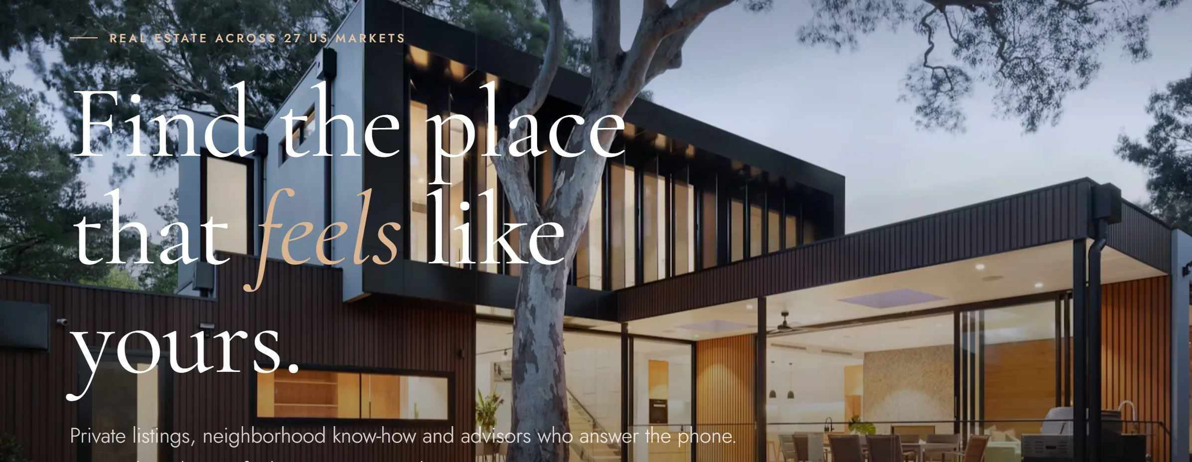 Editorial serif typography on a real estate website headline