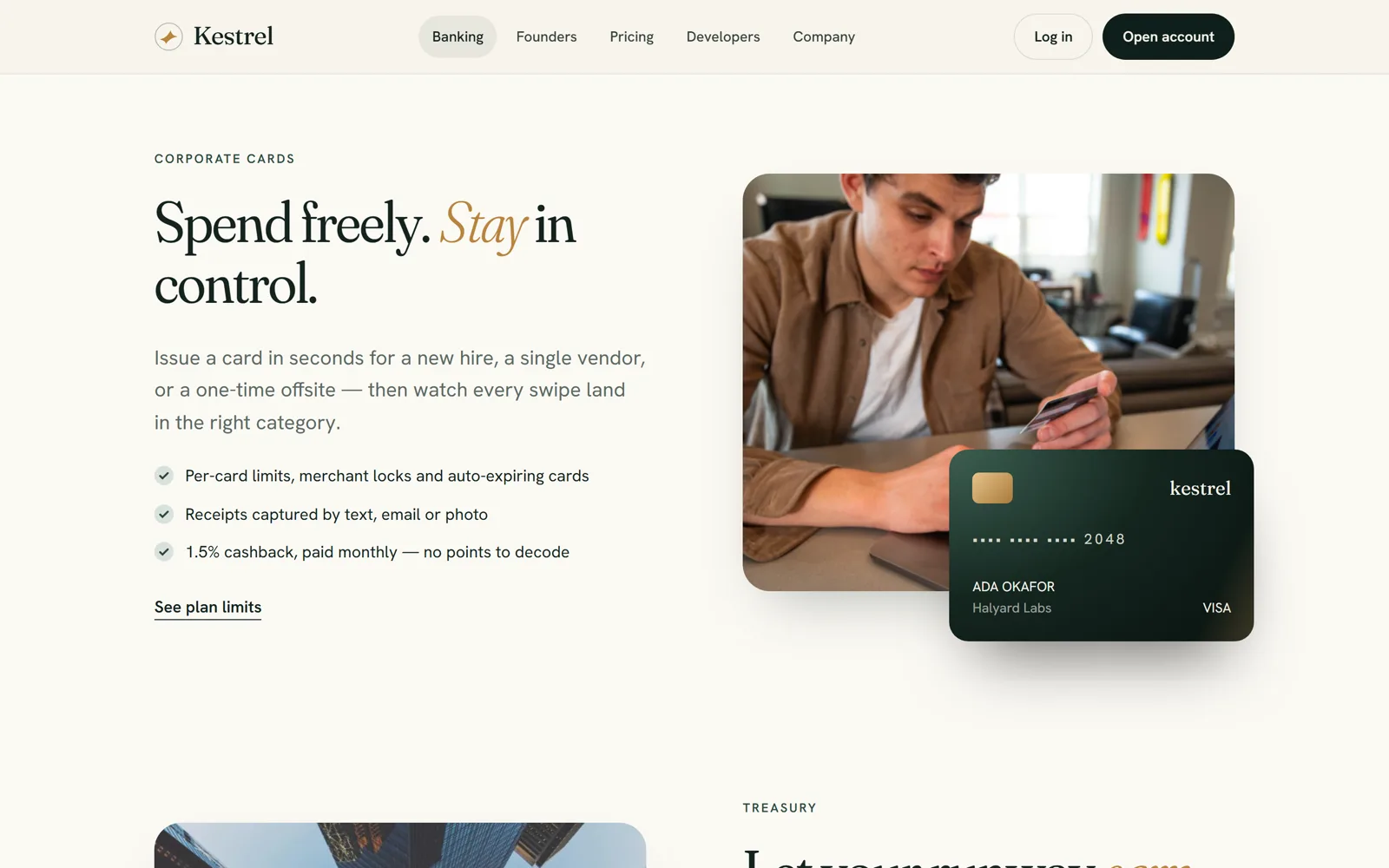 Corporate card platform UX section with a metal card over a founder paying online