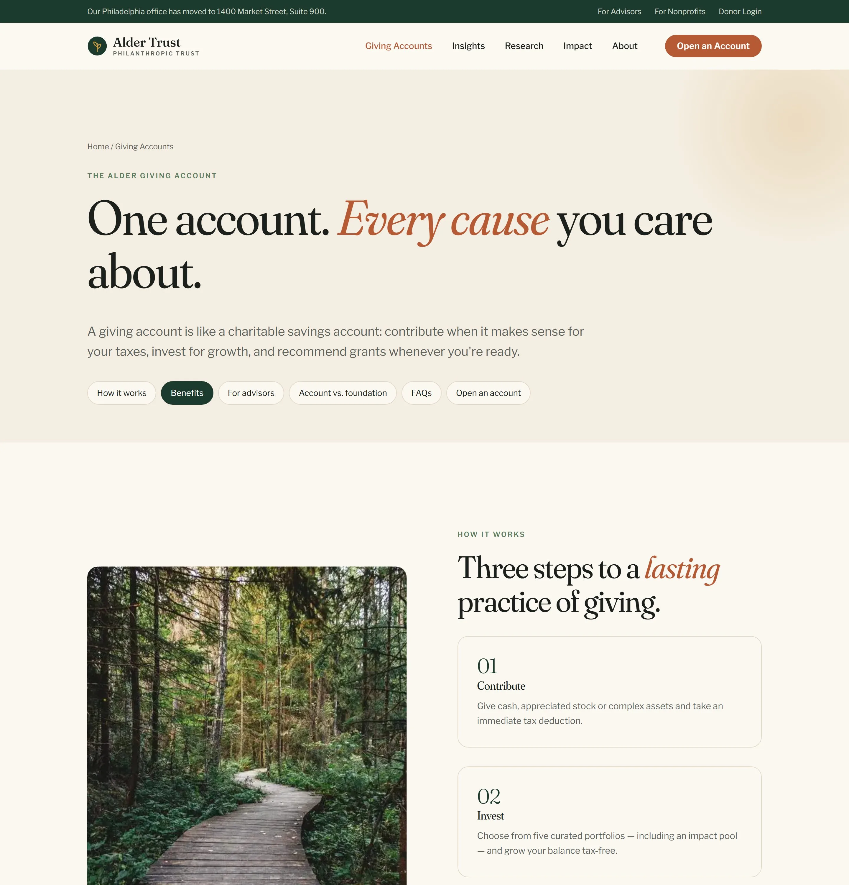 Charitable giving platform UX for a donor-advised fund, showing a three-step contribute, invest and grant flow