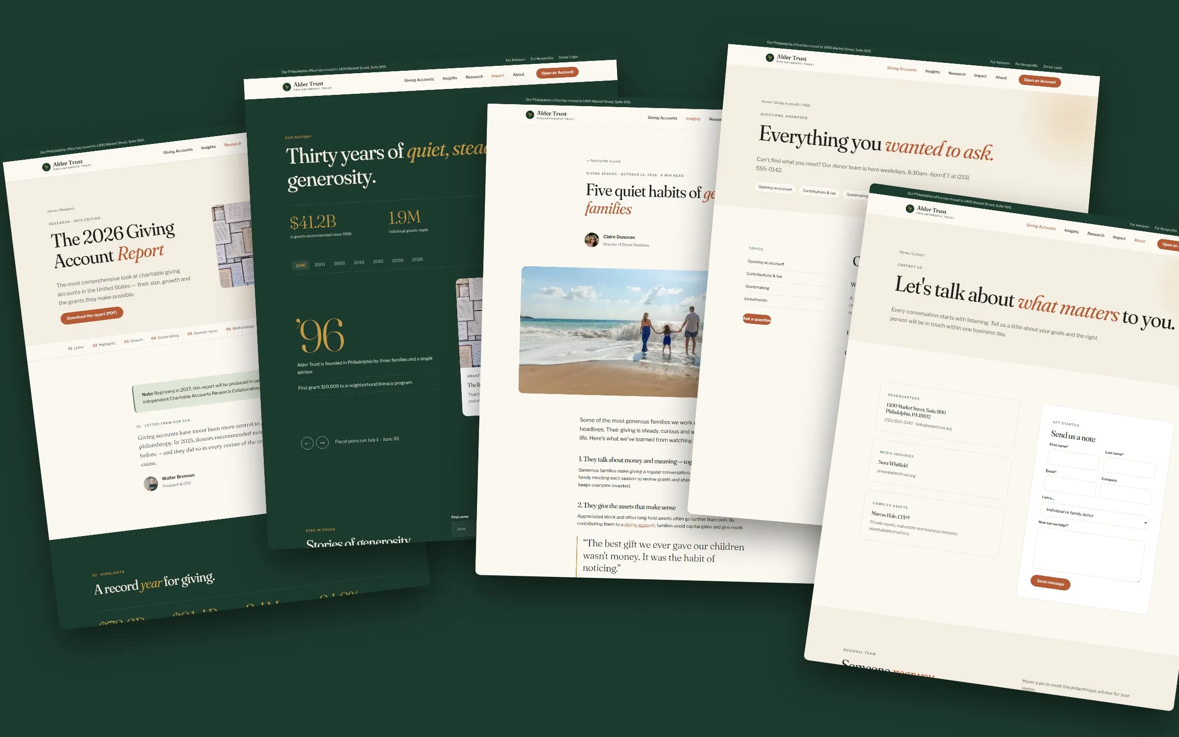 Alder Trust nonprofit website design case study collage of homepage, report, timeline and journal pages