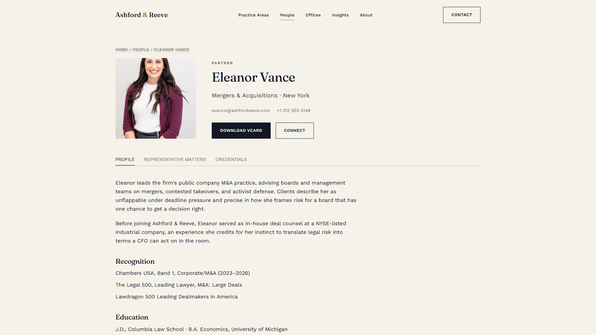 Attorney profile page hero and bio on a law firm website