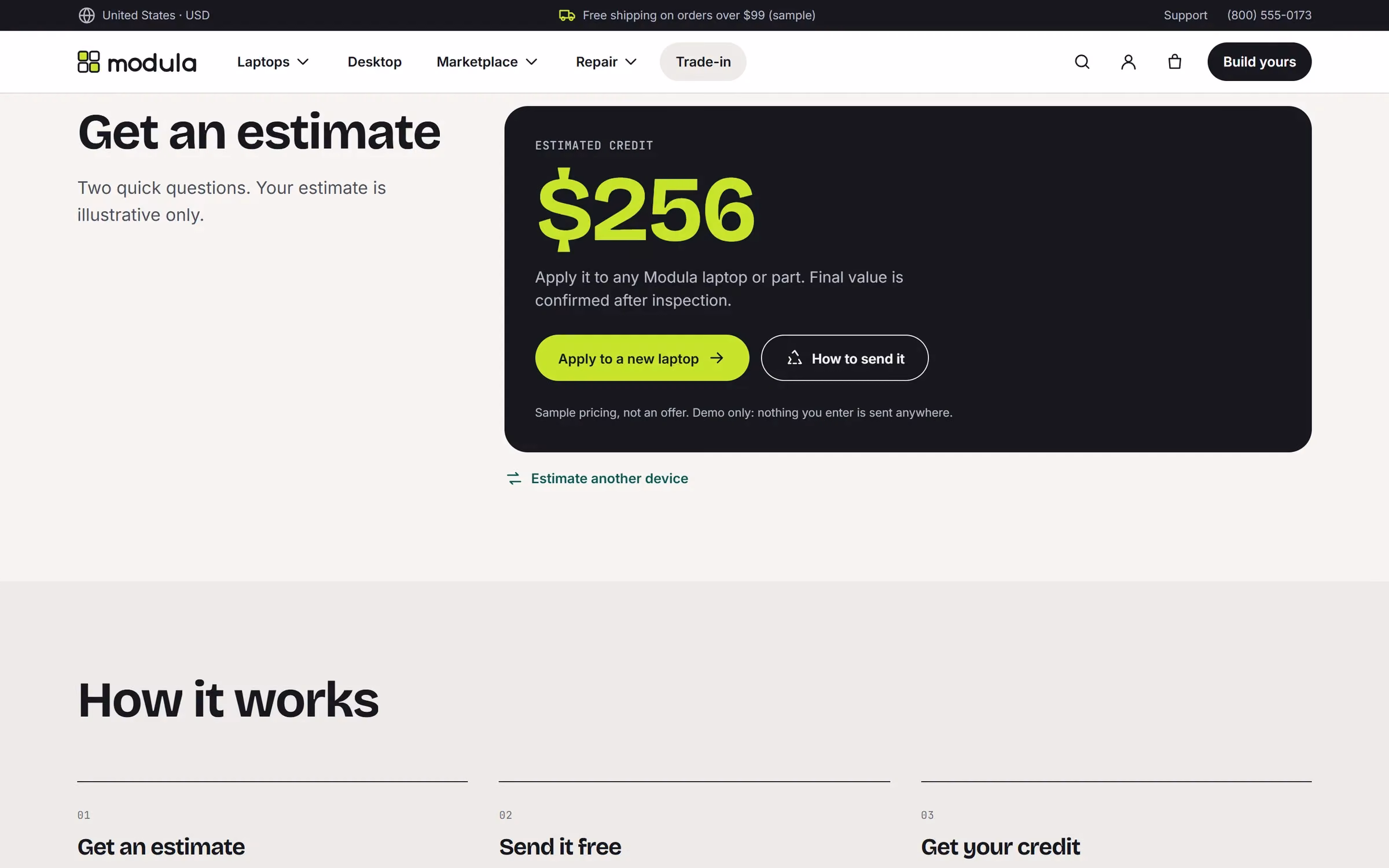 Trade-in estimator showing a sample credit for a laptop in good condition