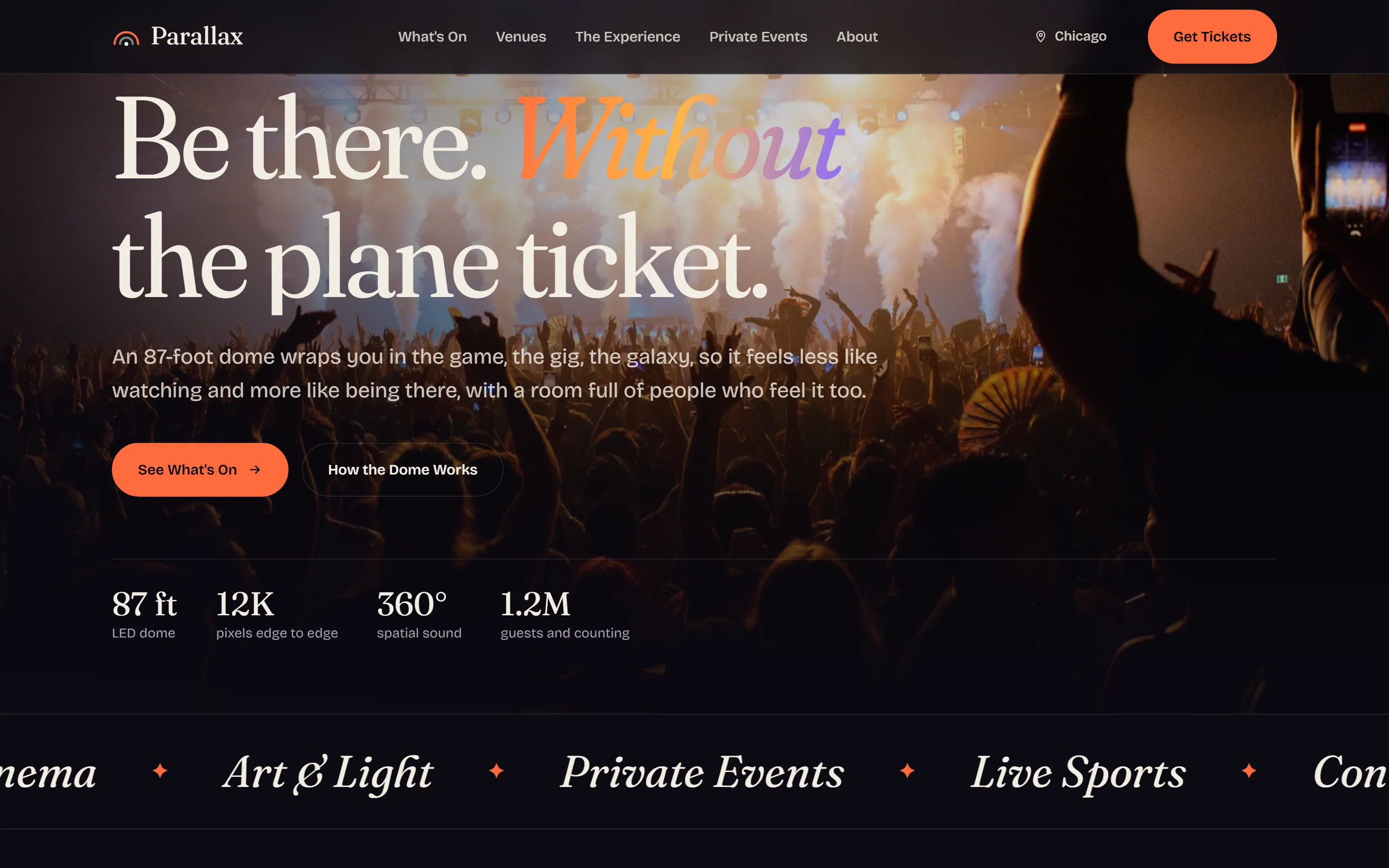 Immersive venue homepage with kinetic marquee