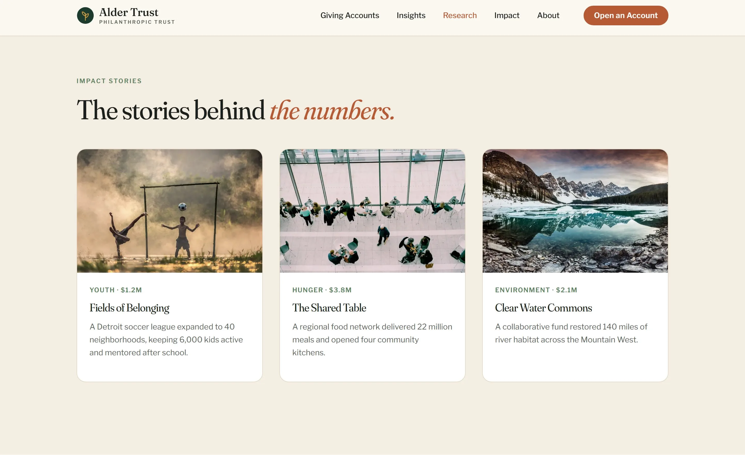 Endowment fund web design for an annual report with impact stories, grant amounts and financial charts