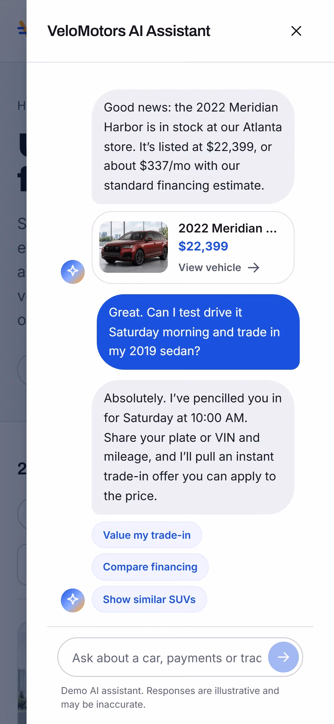 AI shopping assistant as a mobile bottom sheet on the used cars page