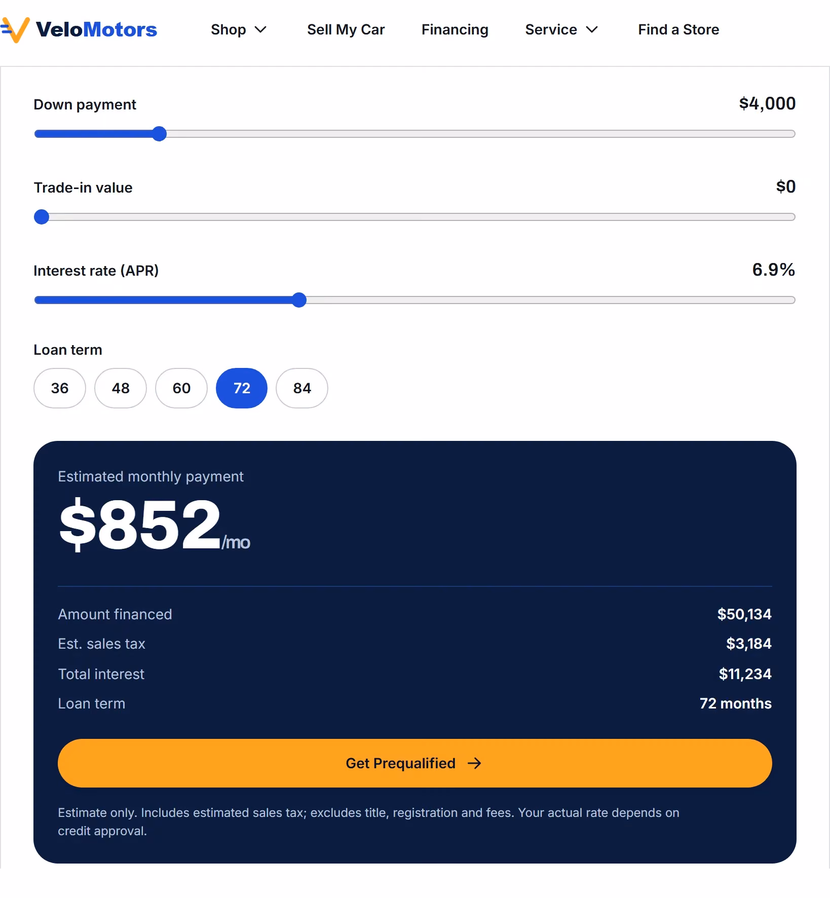 Car payment calculator UI with down payment, trade-in, APR and loan term controls