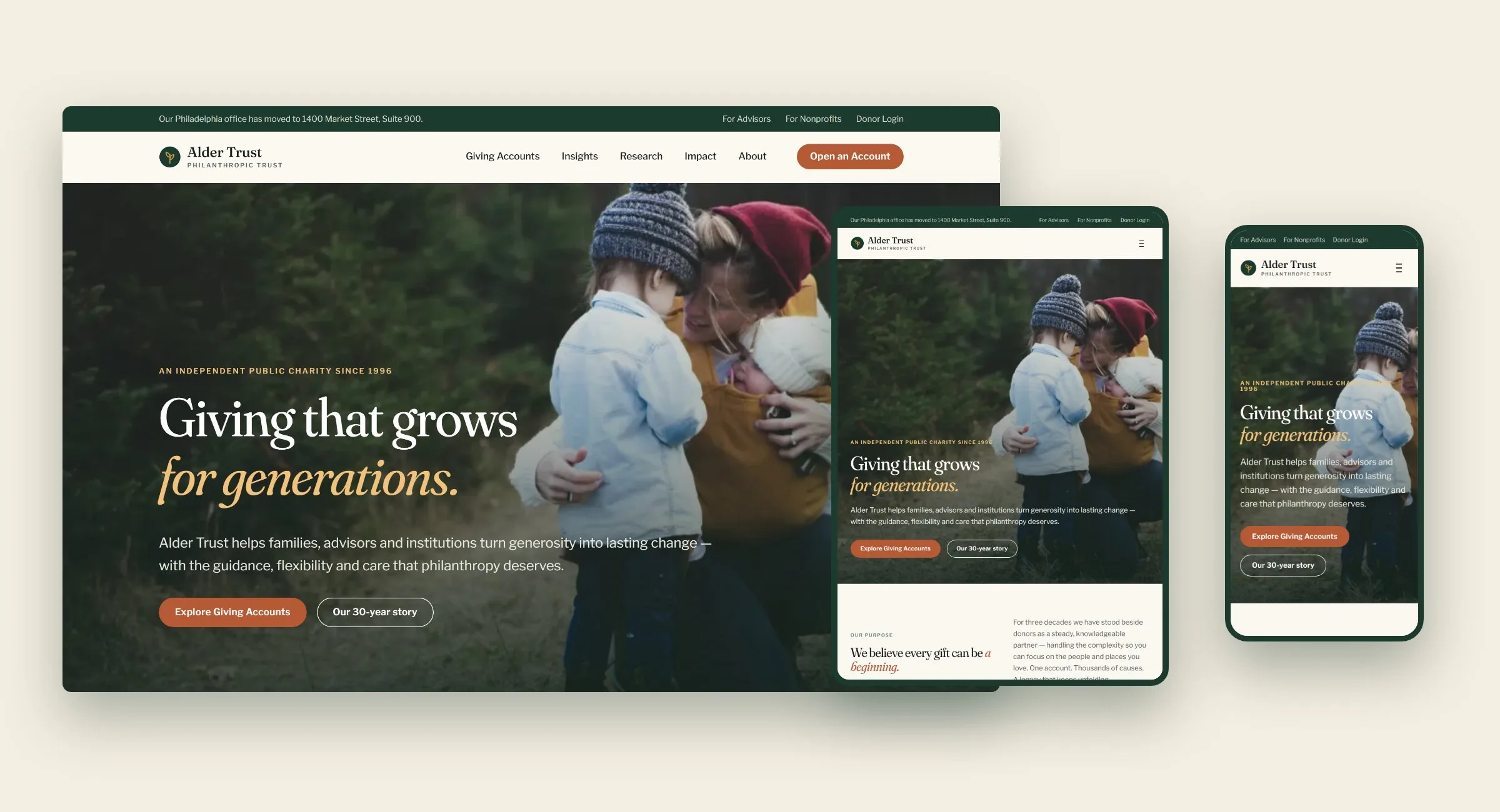 Responsive nonprofit website design shown on desktop, tablet and mobile screens