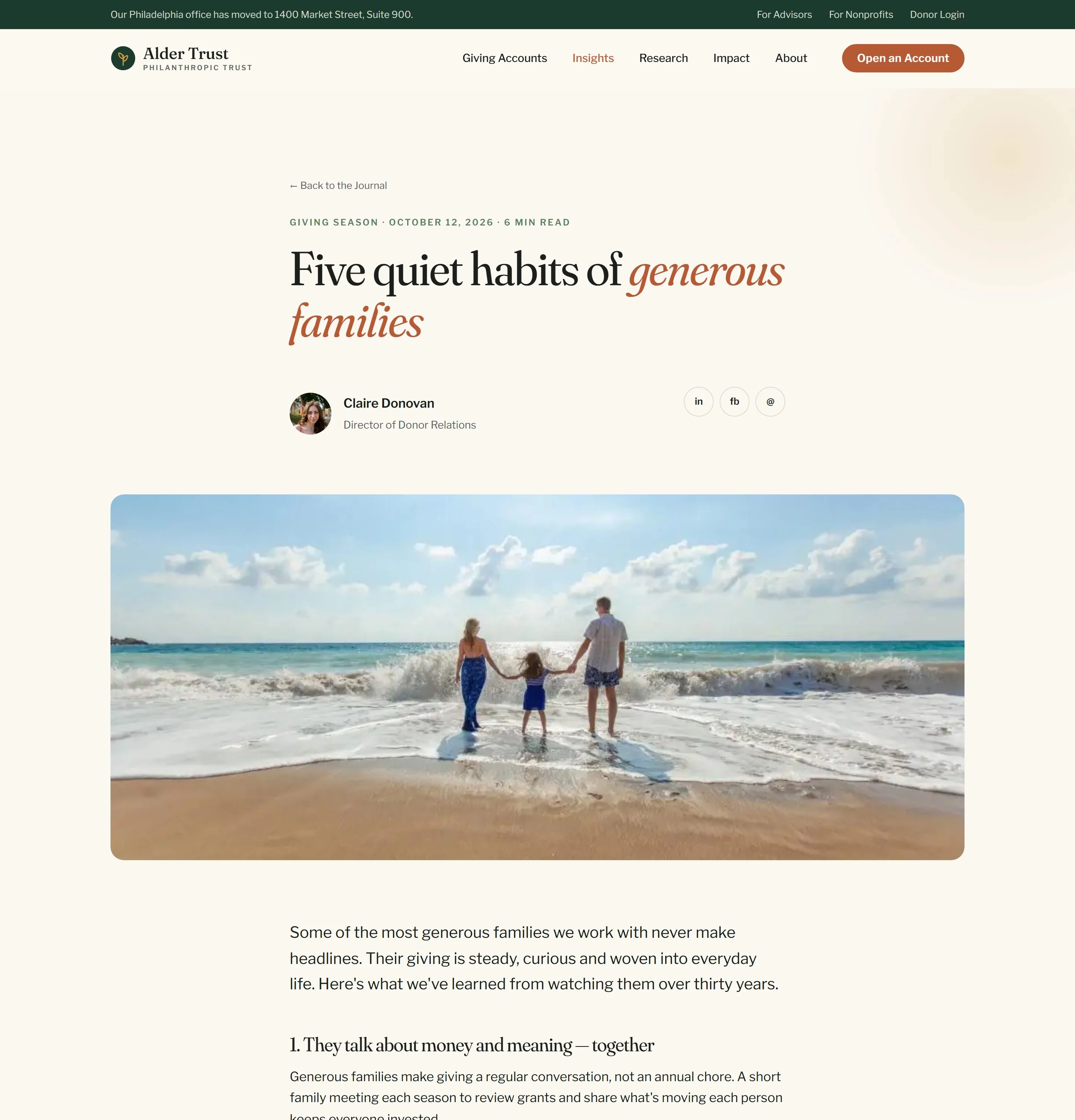 Philanthropic content strategy journal article layout with author byline and related stories