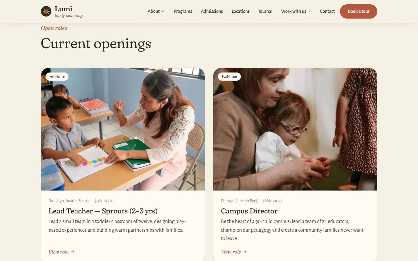 Teacher careers page listing open roles