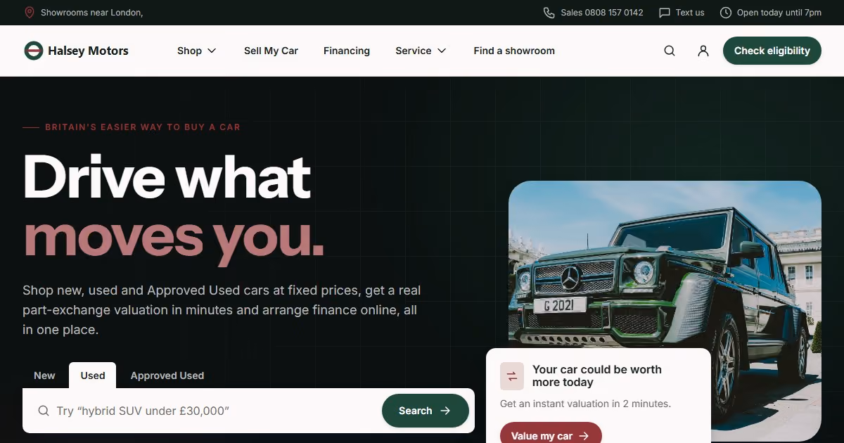 Halsey Motors UK - car dealership website design for British showroom groups