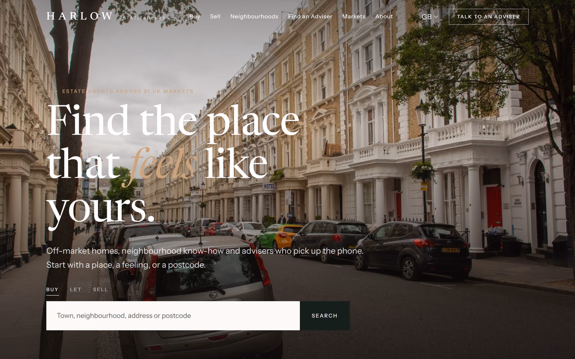 Estate agent website design for Harlow UK, homepage hero over a white stucco London terrace