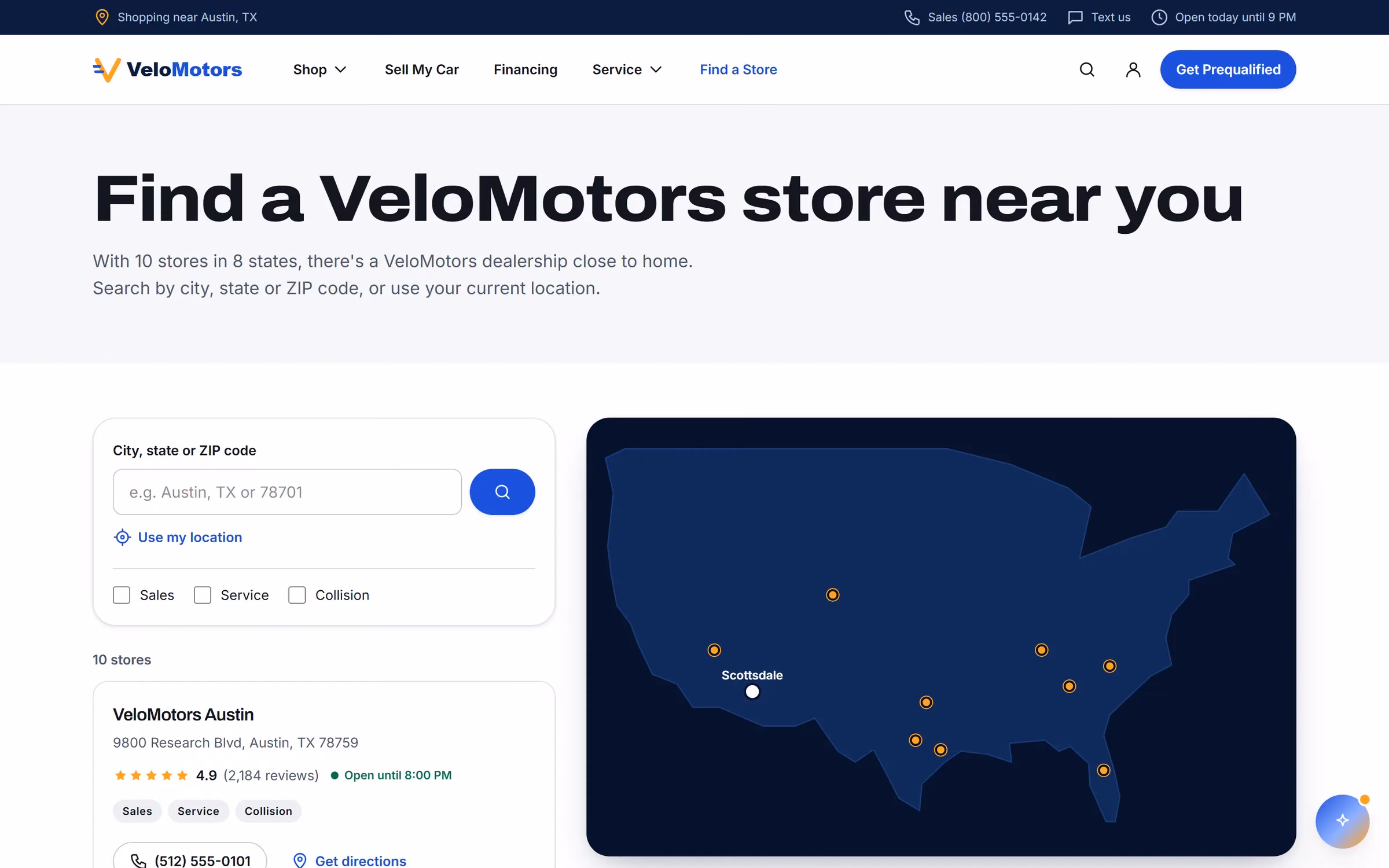 Dealership store locator with interactive U.S. map and store list
