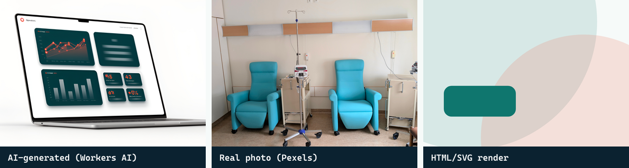 Comparison of AI-generated, real photo and HTML/SVG render techniques