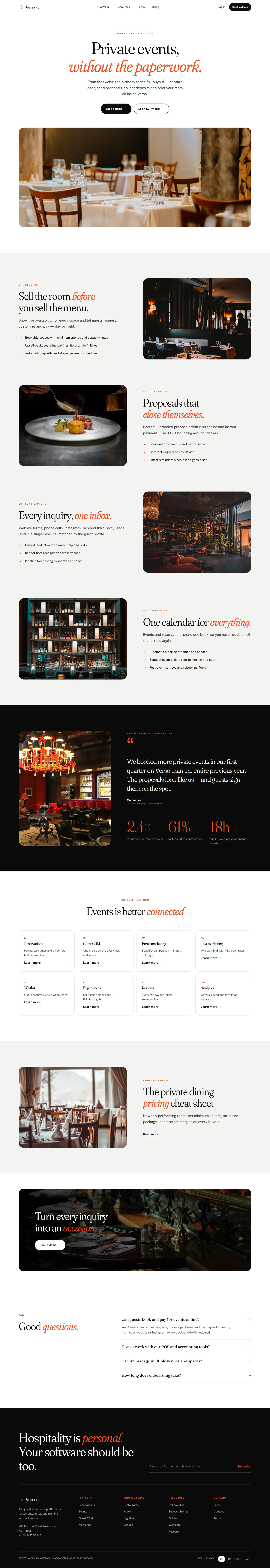 Private events and restaurant event management platform page design