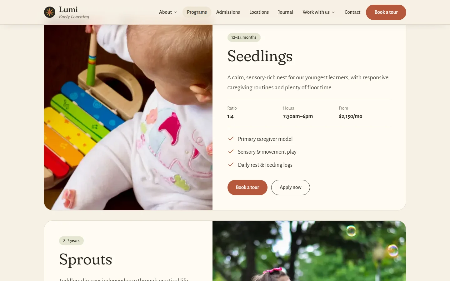 Preschool programs page showing age groups, ratios and tuition