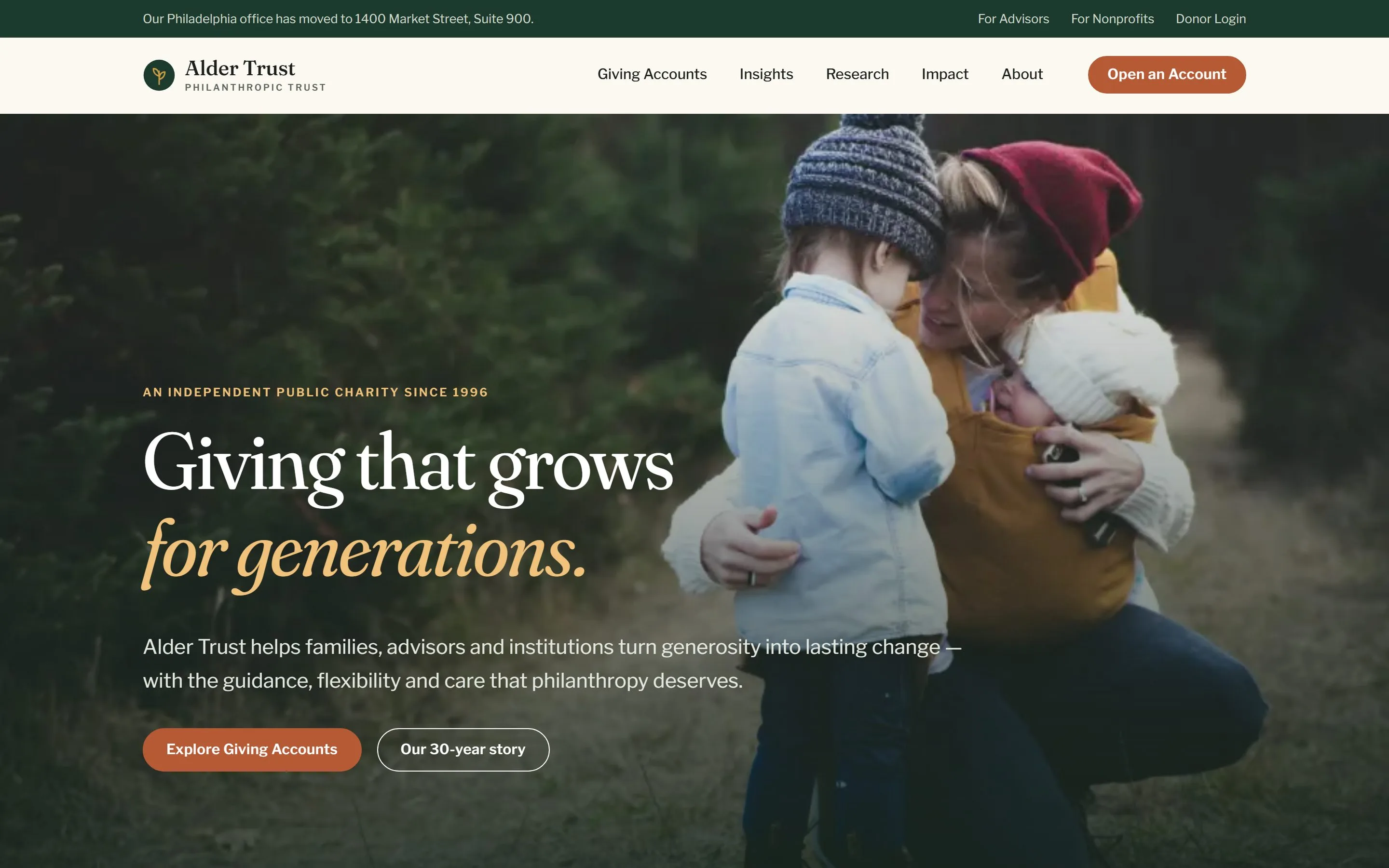 Alder Trust homepage designed by our nonprofit web design agency, showing a family hero image and the headline Giving that grows for generations