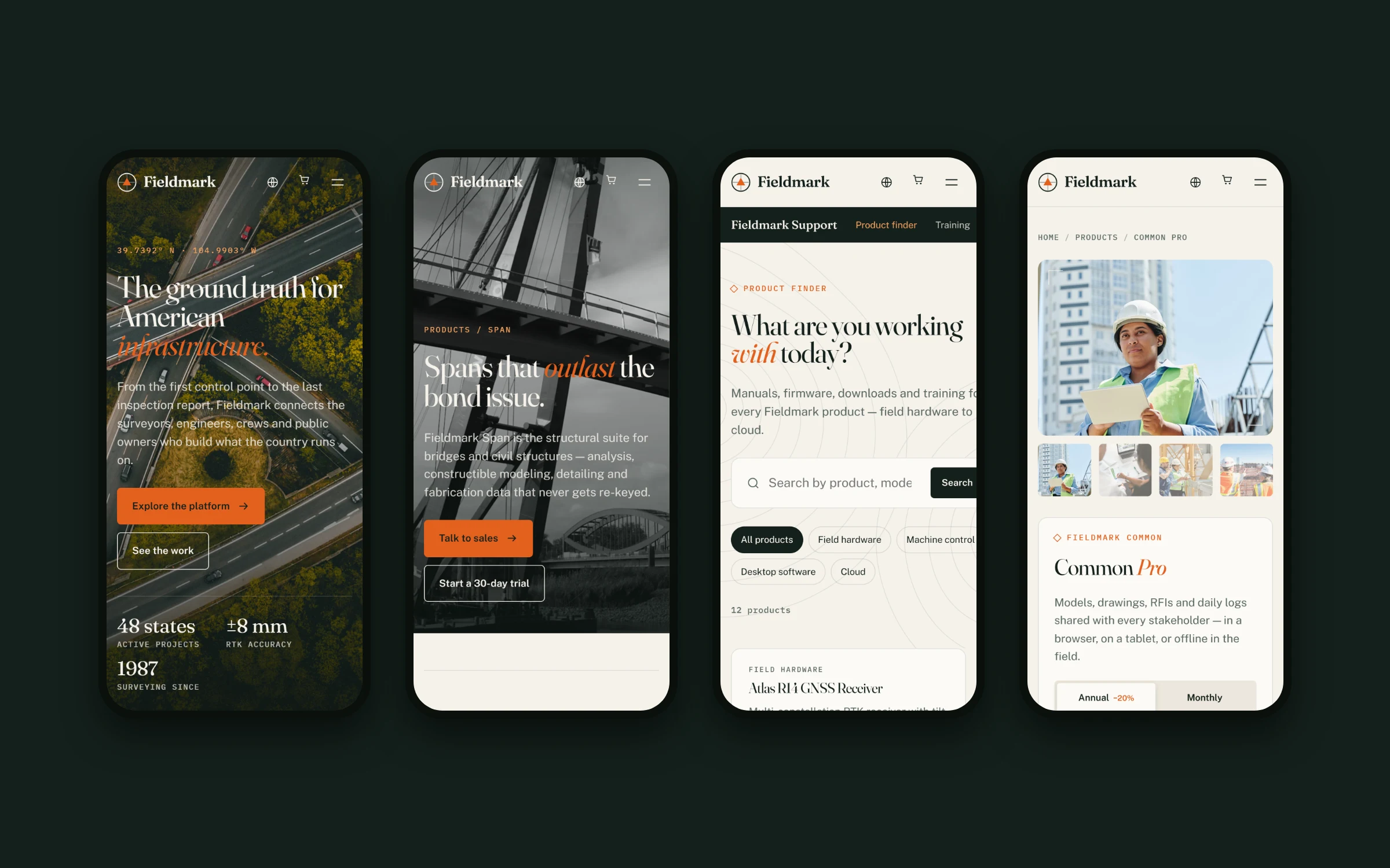 Responsive mobile screens of a construction software website
