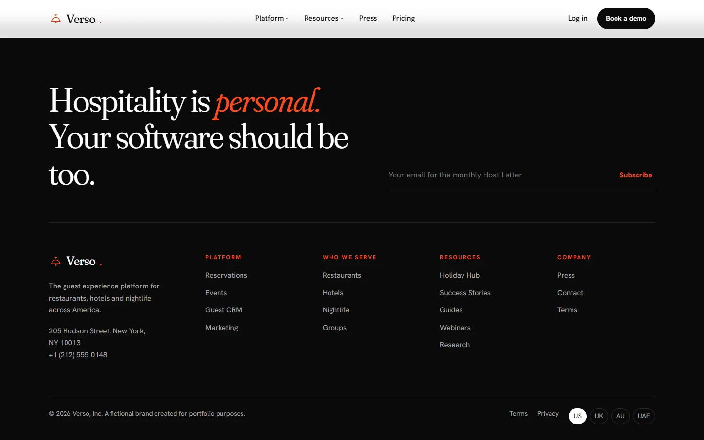 Multi-locale hospitality website footer with market switcher