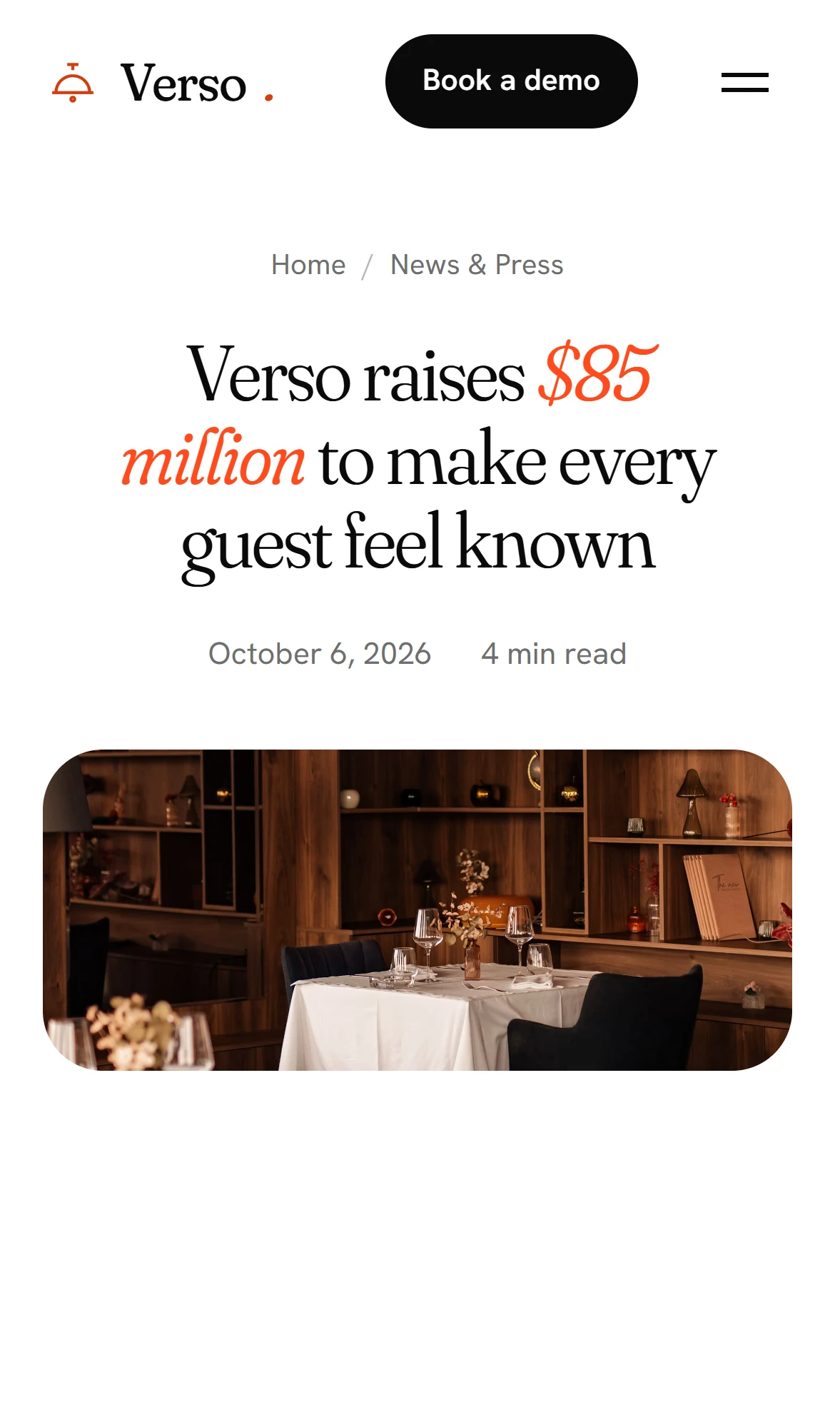 Mobile press release page for hospitality technology brand