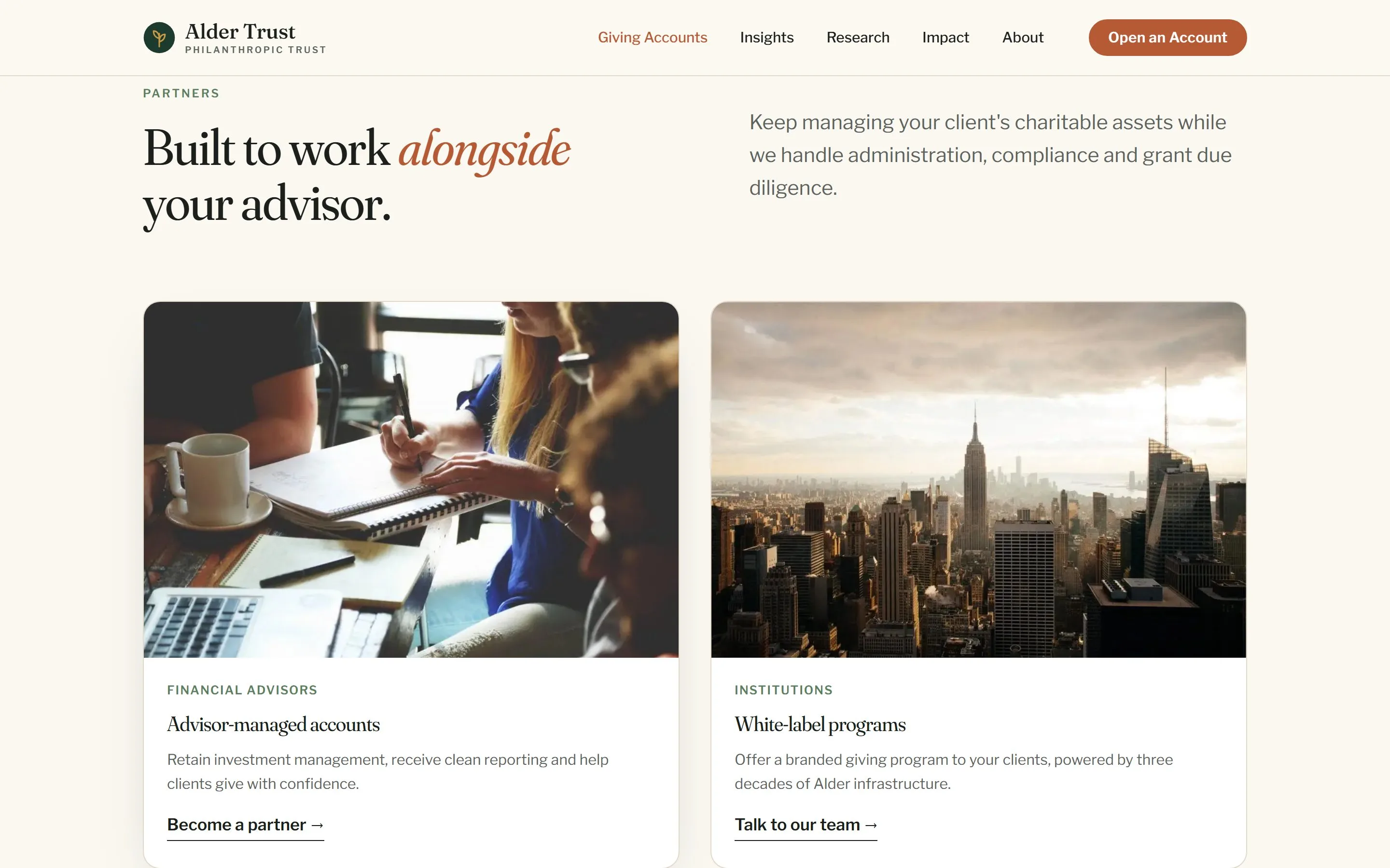 Wealth advisor portal design with partner cards for financial advisors and institutions
