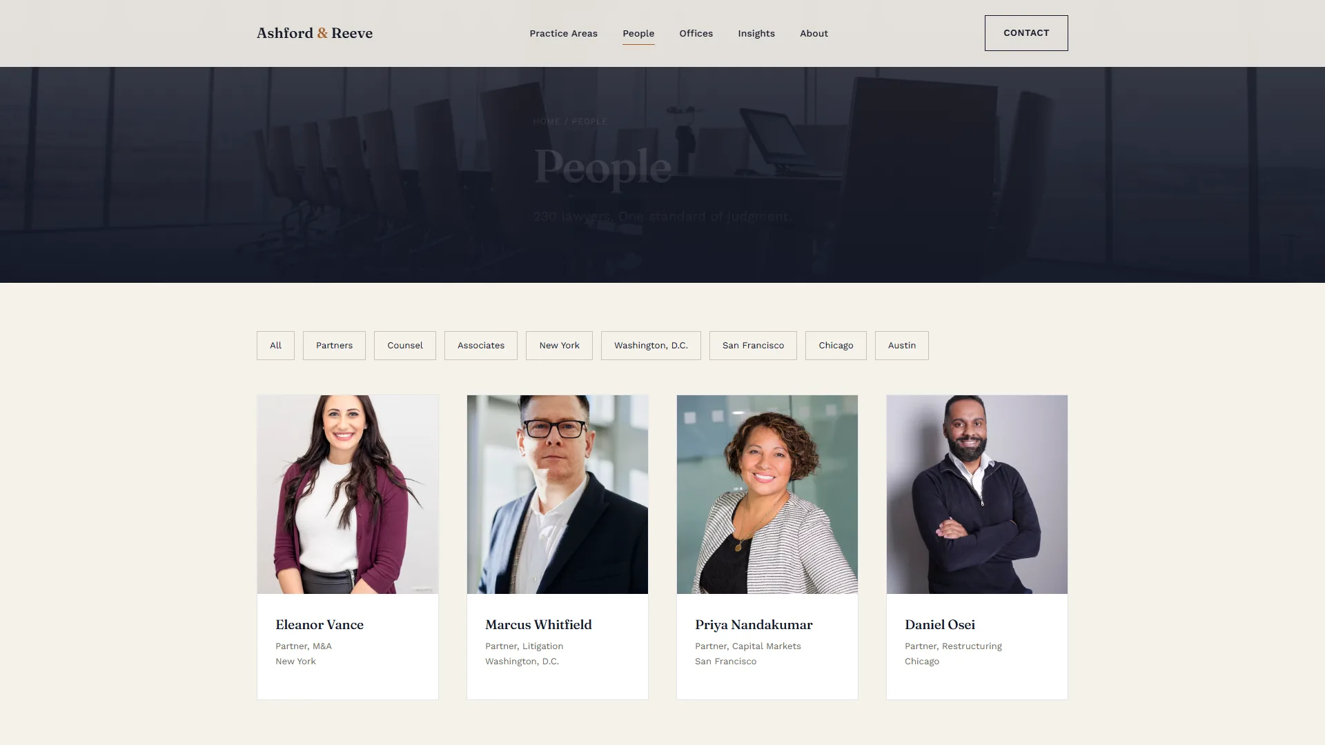 Law firm people directory grid with attorney portraits