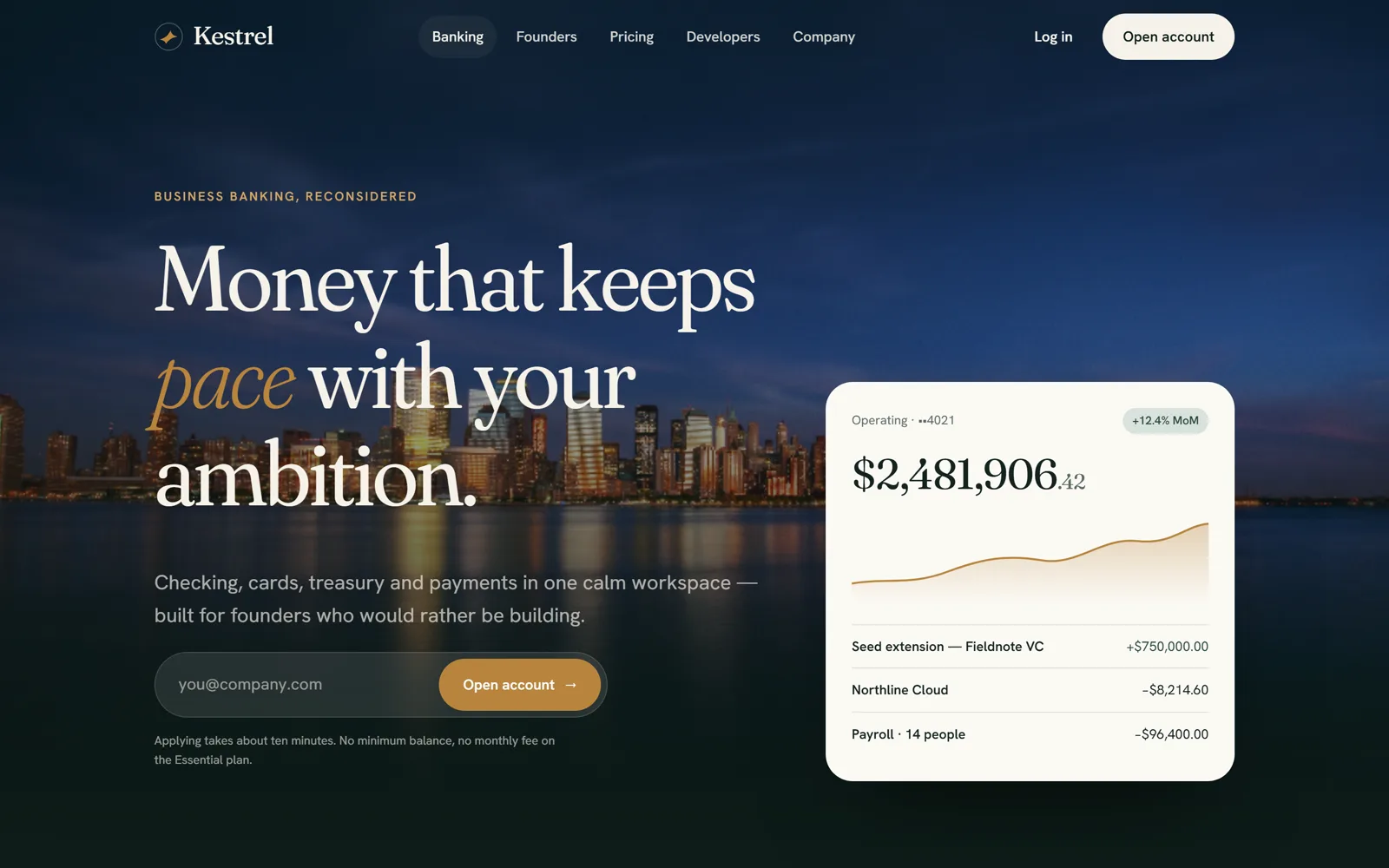 Kestrel fintech website hero with a modern banking dashboard over a city skyline at dusk