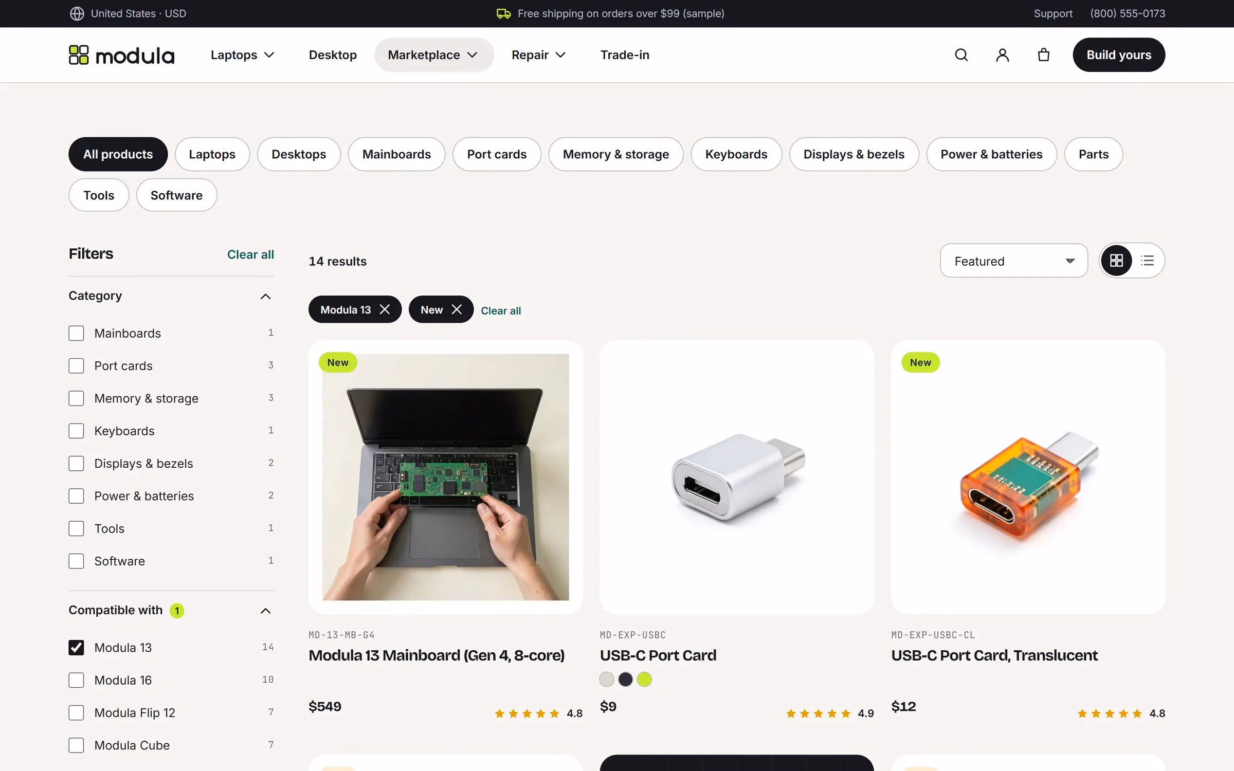 Laptop parts listing with filter groups, active filter chips and a product grid