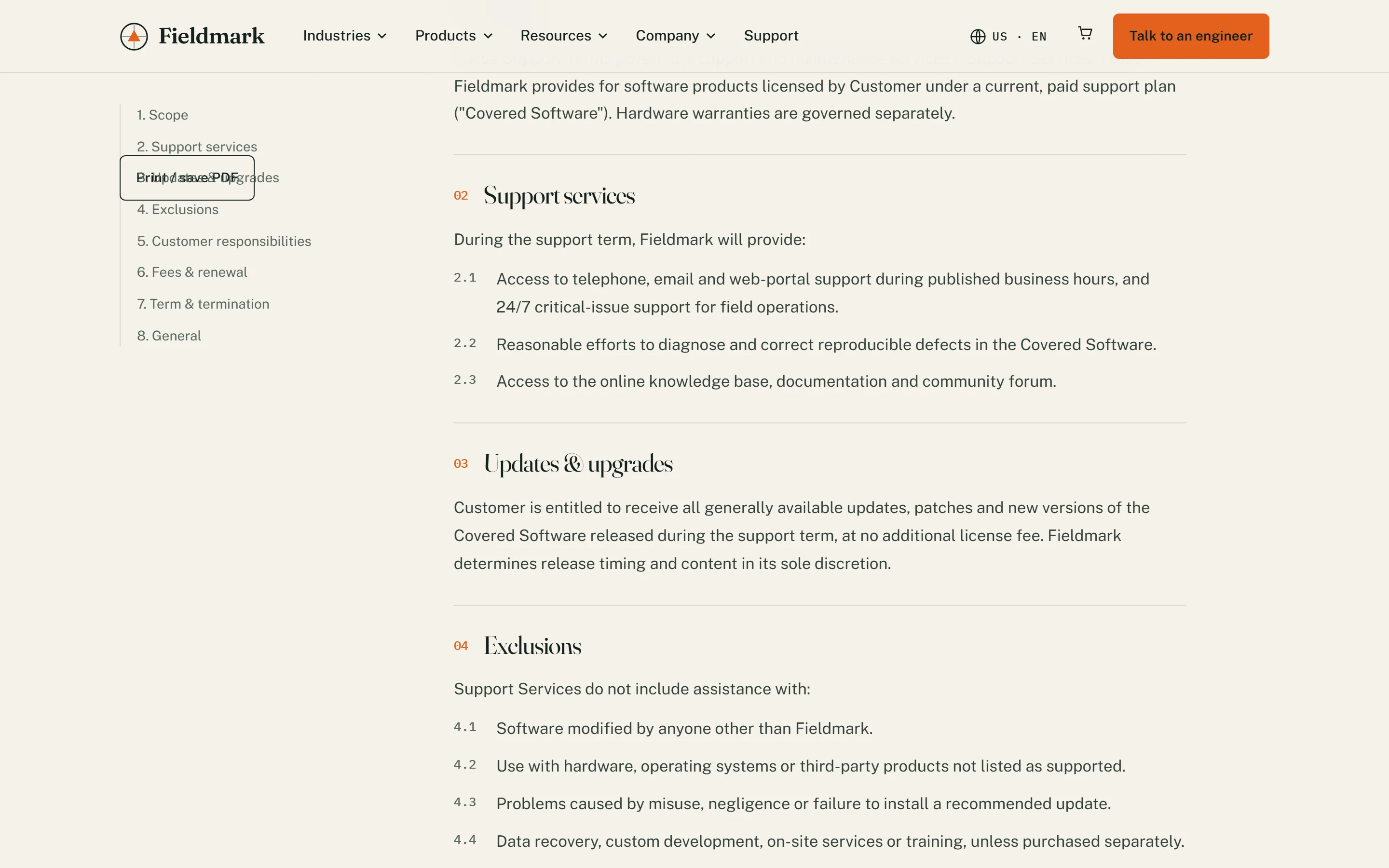 Legal terms page with numbered sections and sticky contents