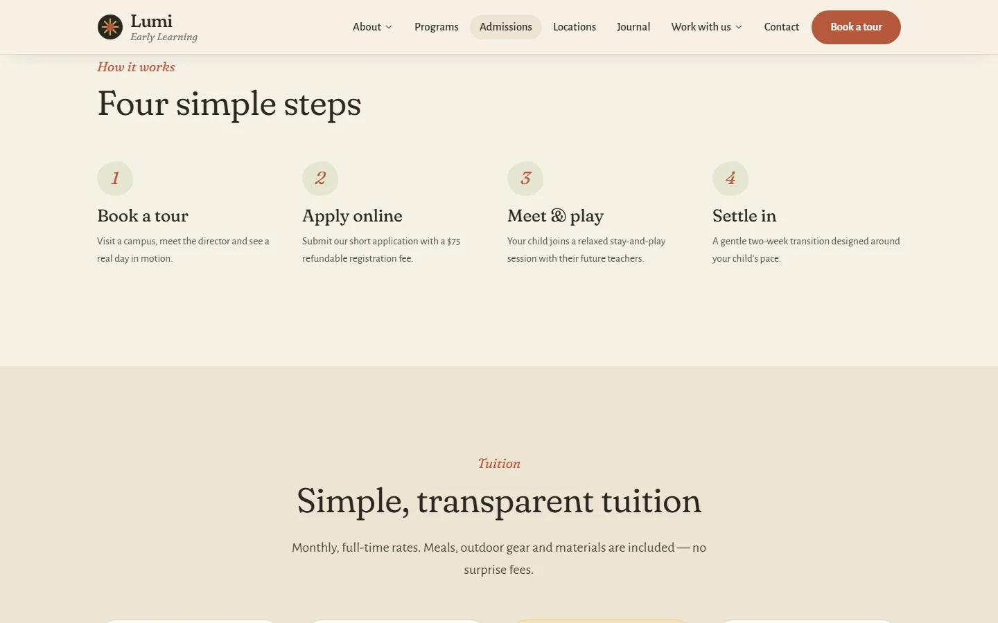 Preschool enrollment and admissions page with a four-step path