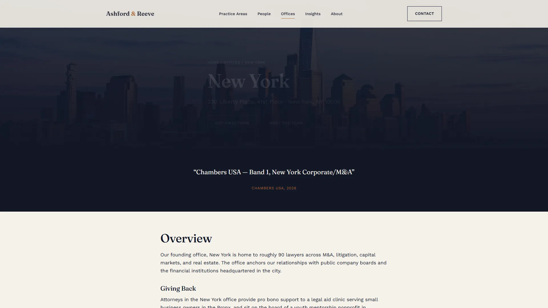 Office detail page hero for a law firm New York office