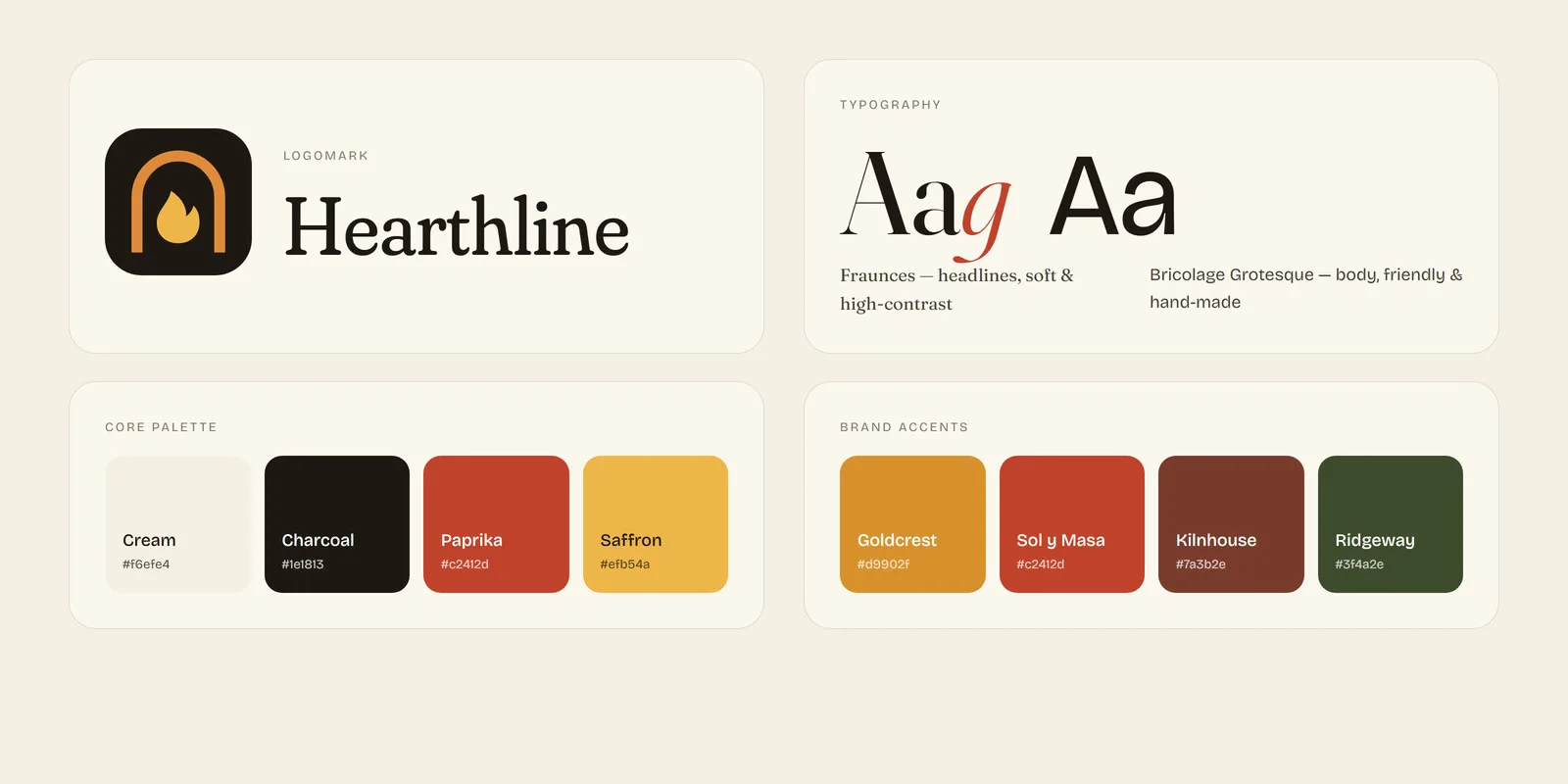 Restaurant brand identity with warm serif typography and food-inspired color palette