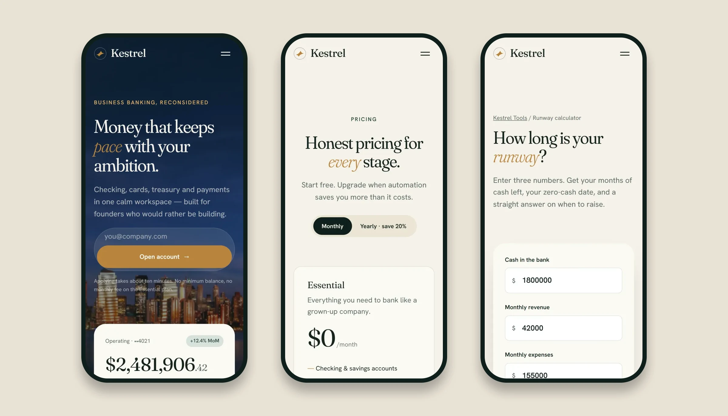 Responsive banking website mobile design across home, pricing and calculator pages